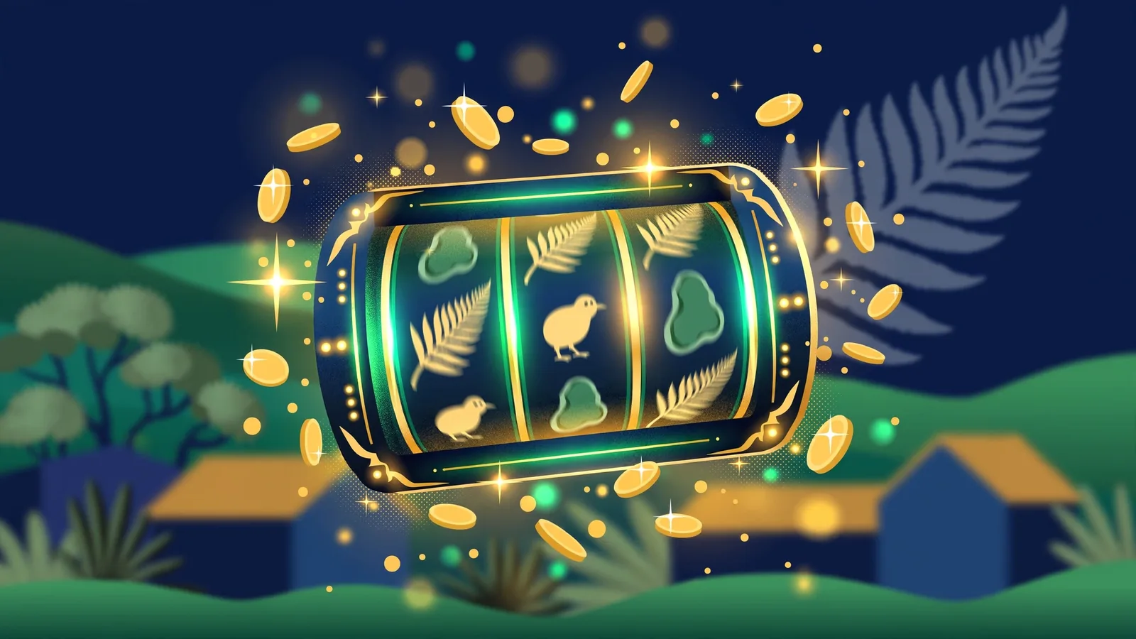 Stylized slot machine with golden coins and New Zealand fern silhouette