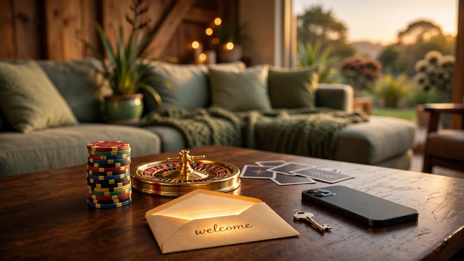 Casino chips, roulette wheel and hidden smartphone on a New Zealand lounge table