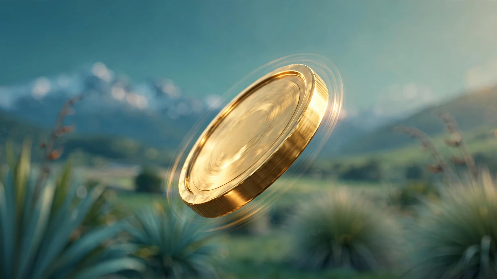 Golden spinning coin above a New Zealand landscape silhouette