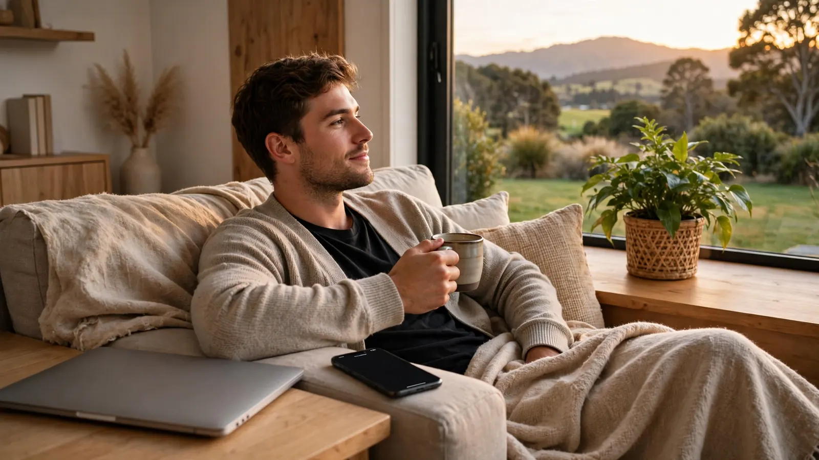 Relaxed New Zealand adult enjoying a calm evening at home with a phone and laptop