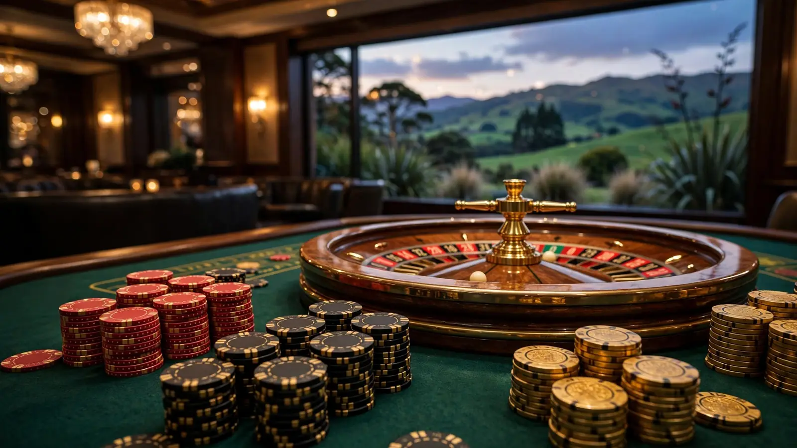 Elegant roulette wheel on a casino table with chips, New Zealand twilight visible through window