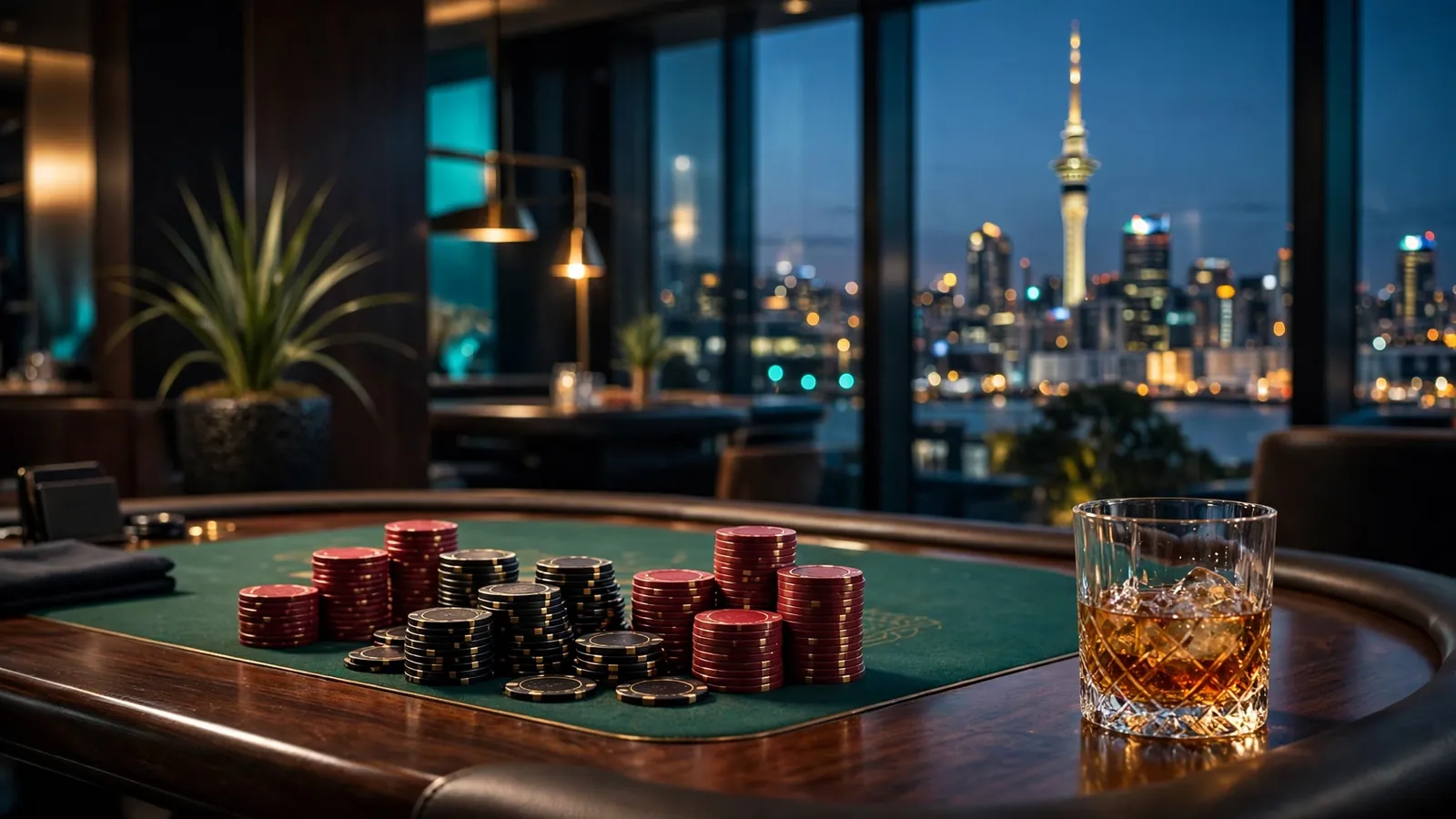 Elegant high-roller casino table with chips and whiskey glass against Auckland skyline at night