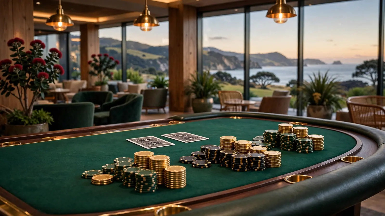 Elegant blackjack table with chips and cards in a New Zealand casino lounge at dusk