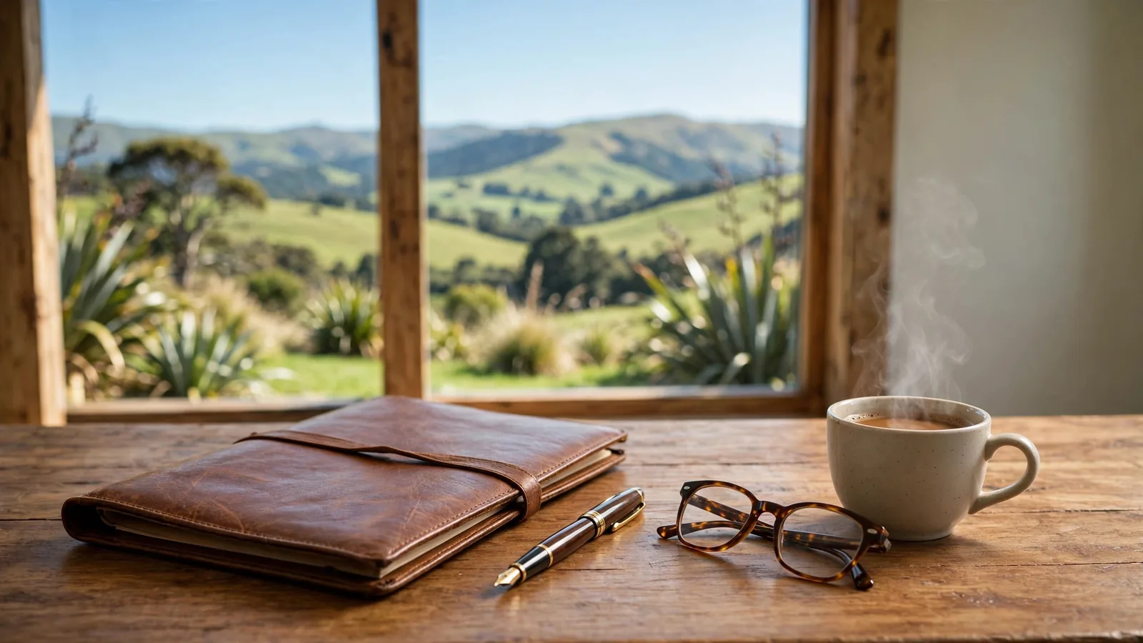 Legal documents and glasses on a New Zealand office desk with hills outside