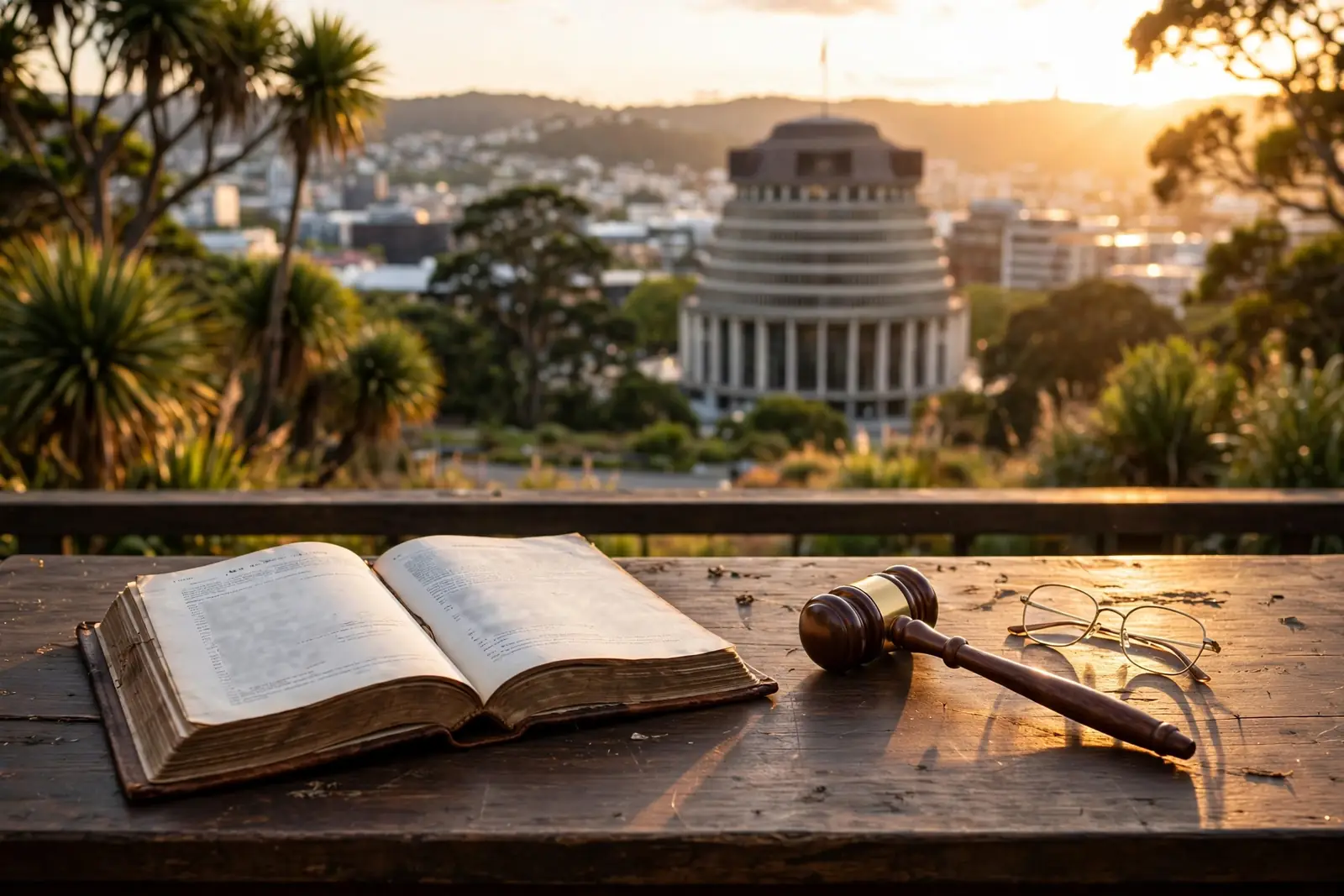 Wellington parliament building at sunset with a legal book and gavel on a desk