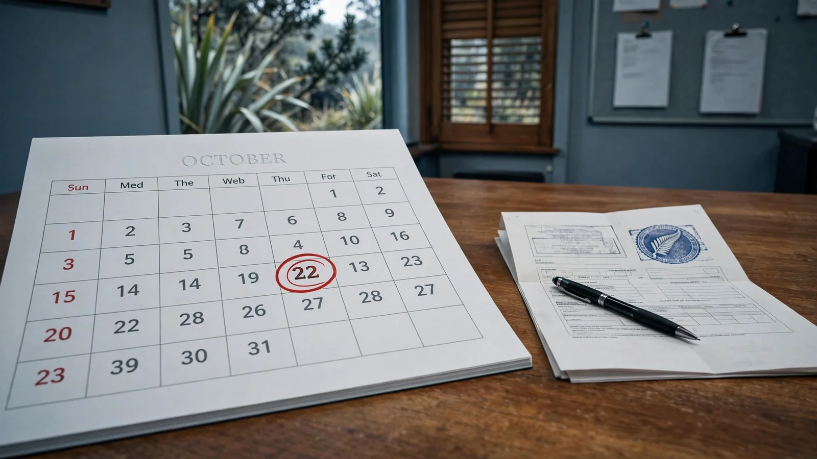 Calendar with circled deadline date and stamped fine notice on a desk