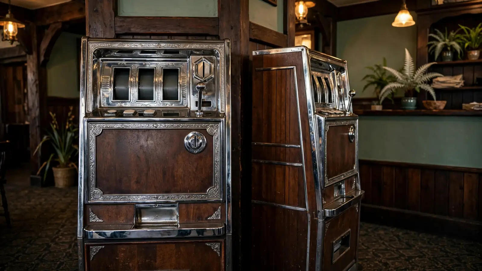 Two similar pokie machines side by side in a New Zealand pub
