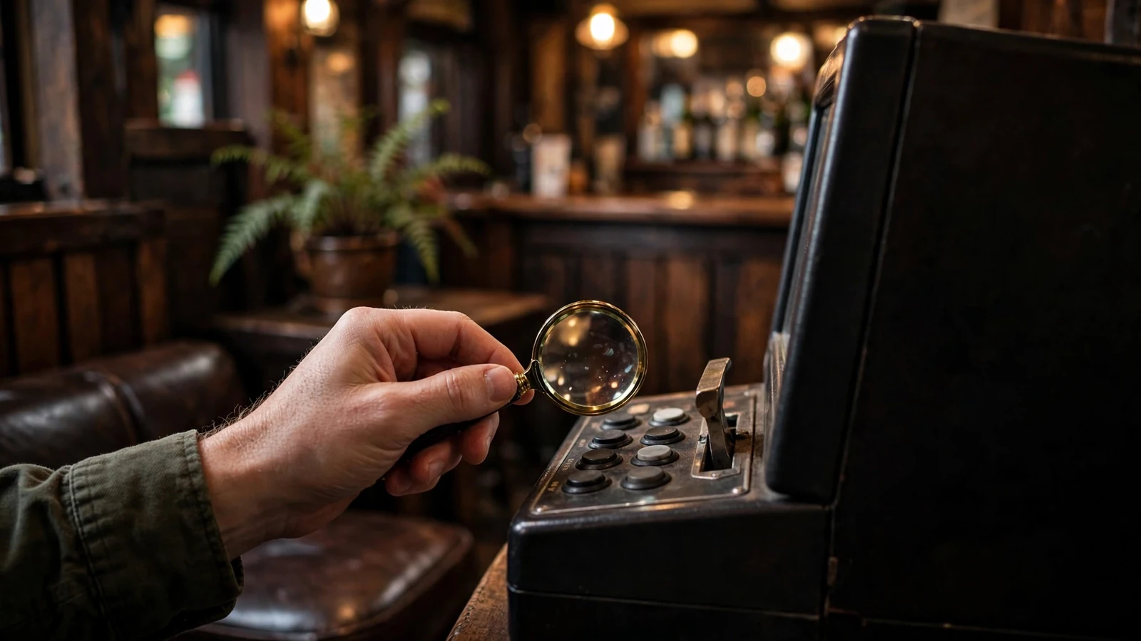 Hand inspecting pokie machine controls with a magnifying glass