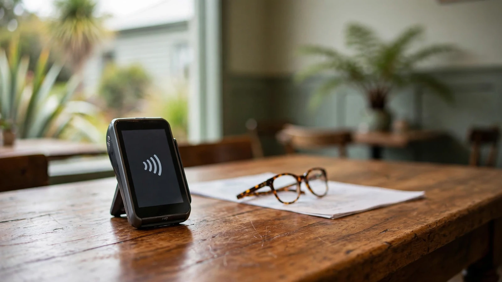 Payment card on a café table beside reading glasses and a blurred document