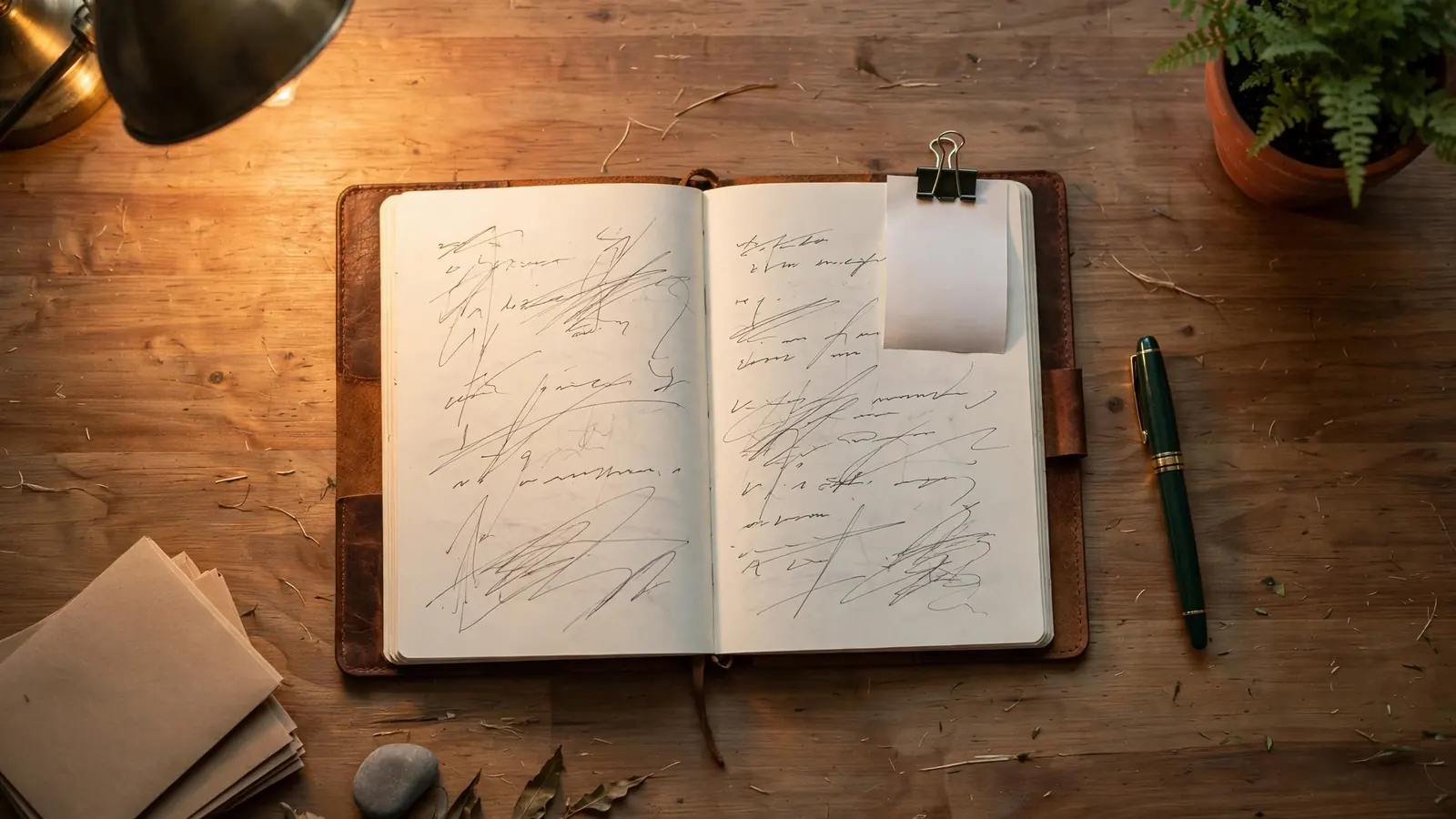 Notebook with handwritten notes and a clipped receipt on a desk