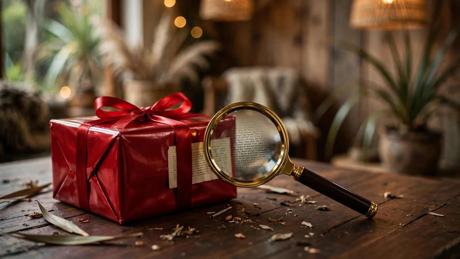Glossy gift box beside a magnifying glass revealing fine print