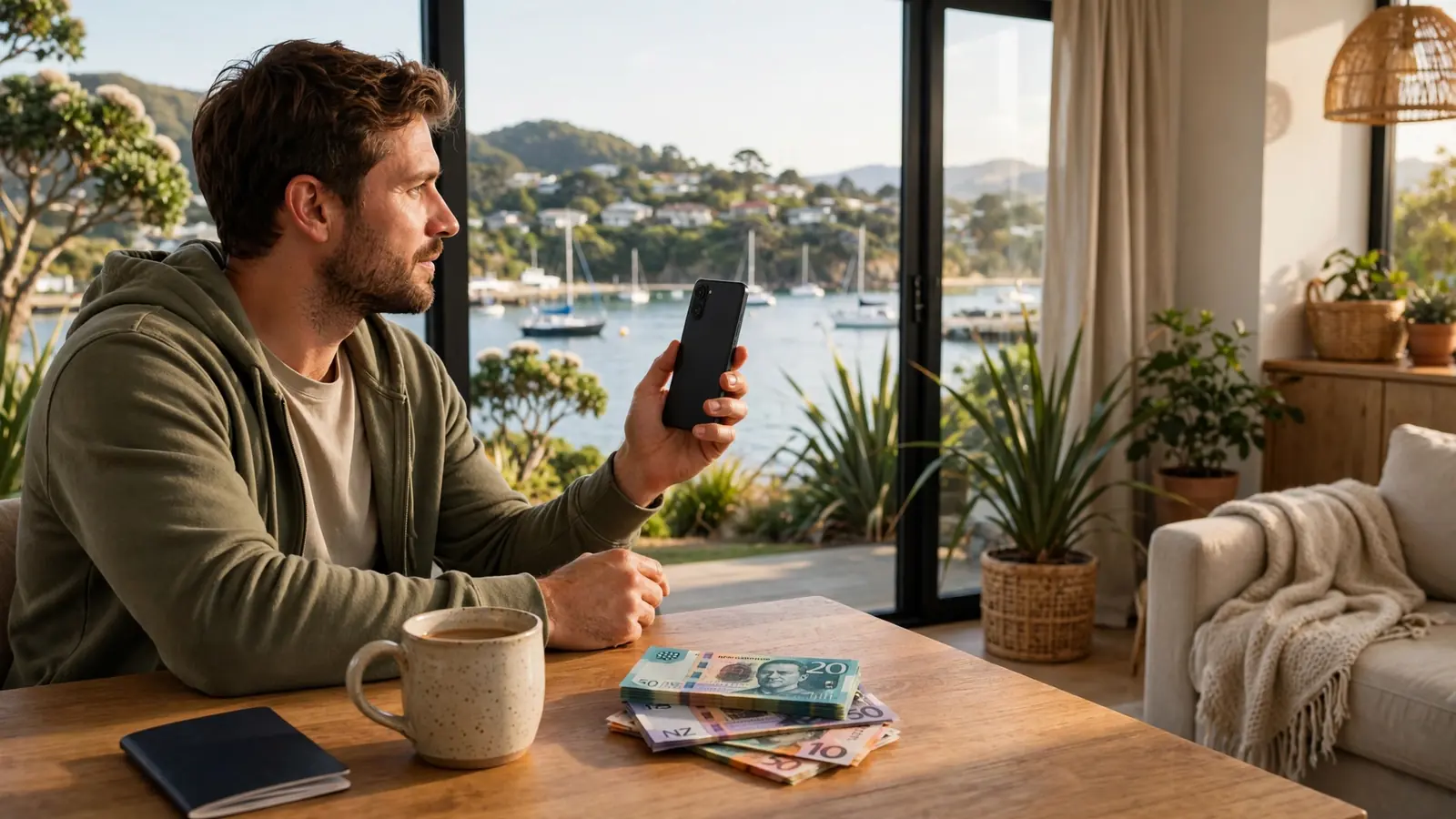 New Zealand player at desk with smartphone, passport and cash