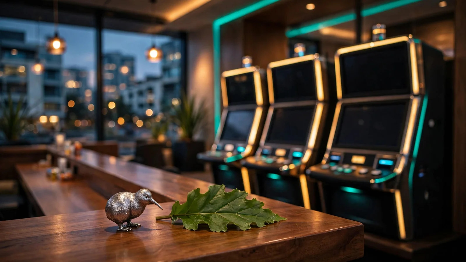 New Zealand entertainment lounge with glowing slot machines and subtle local decor