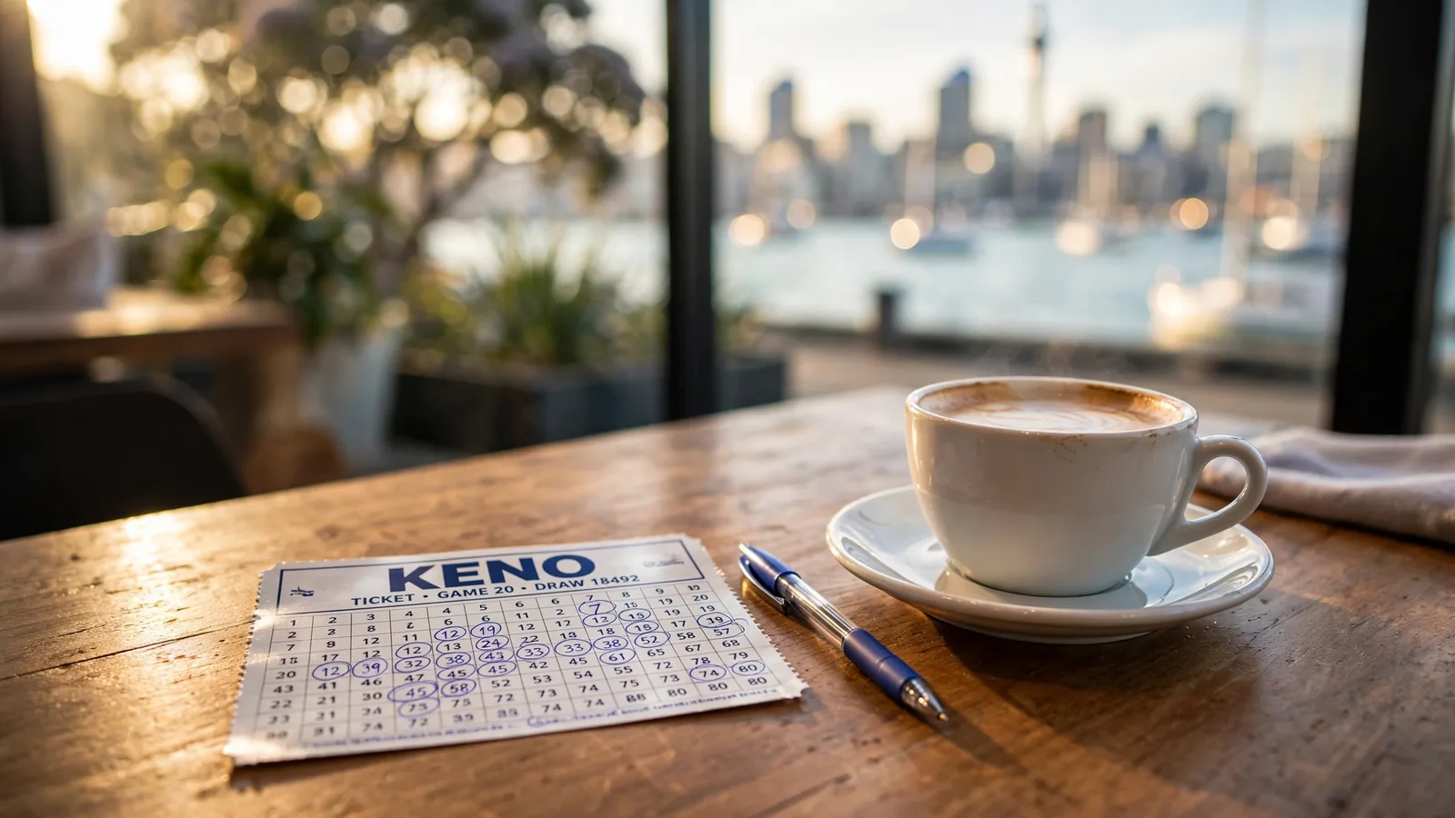 Keno ticket on a café table with coffee and Auckland skyline view