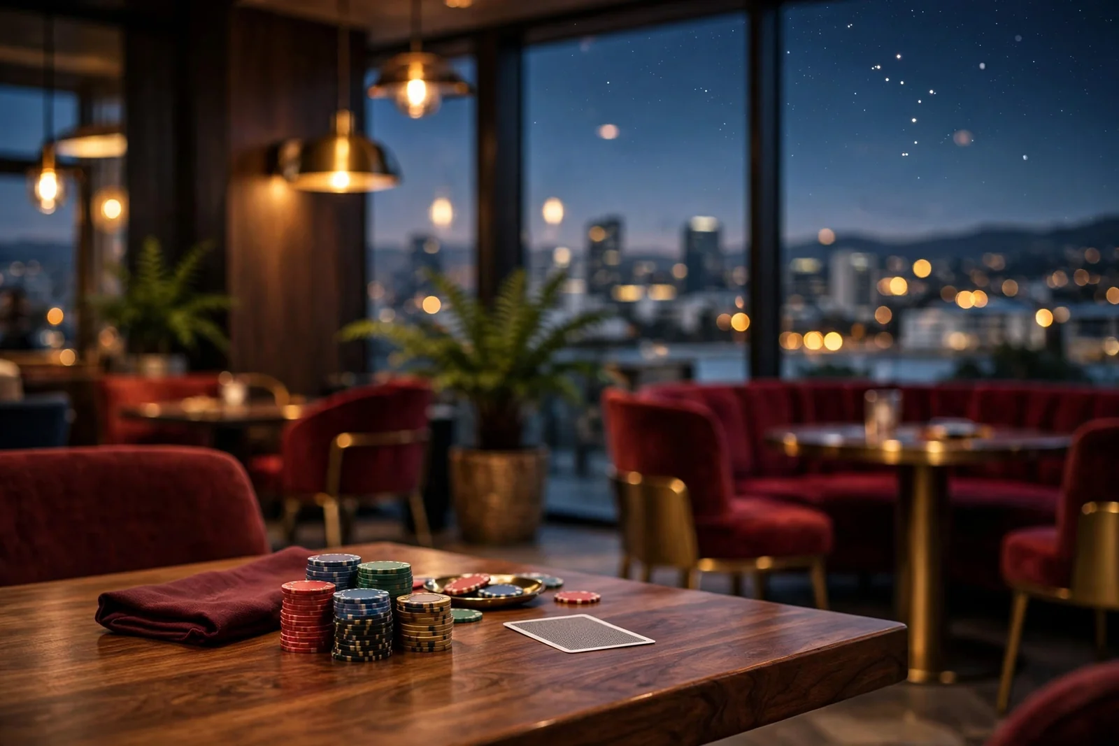 Casino lounge interior with chips, card, and New Zealand city skyline at night