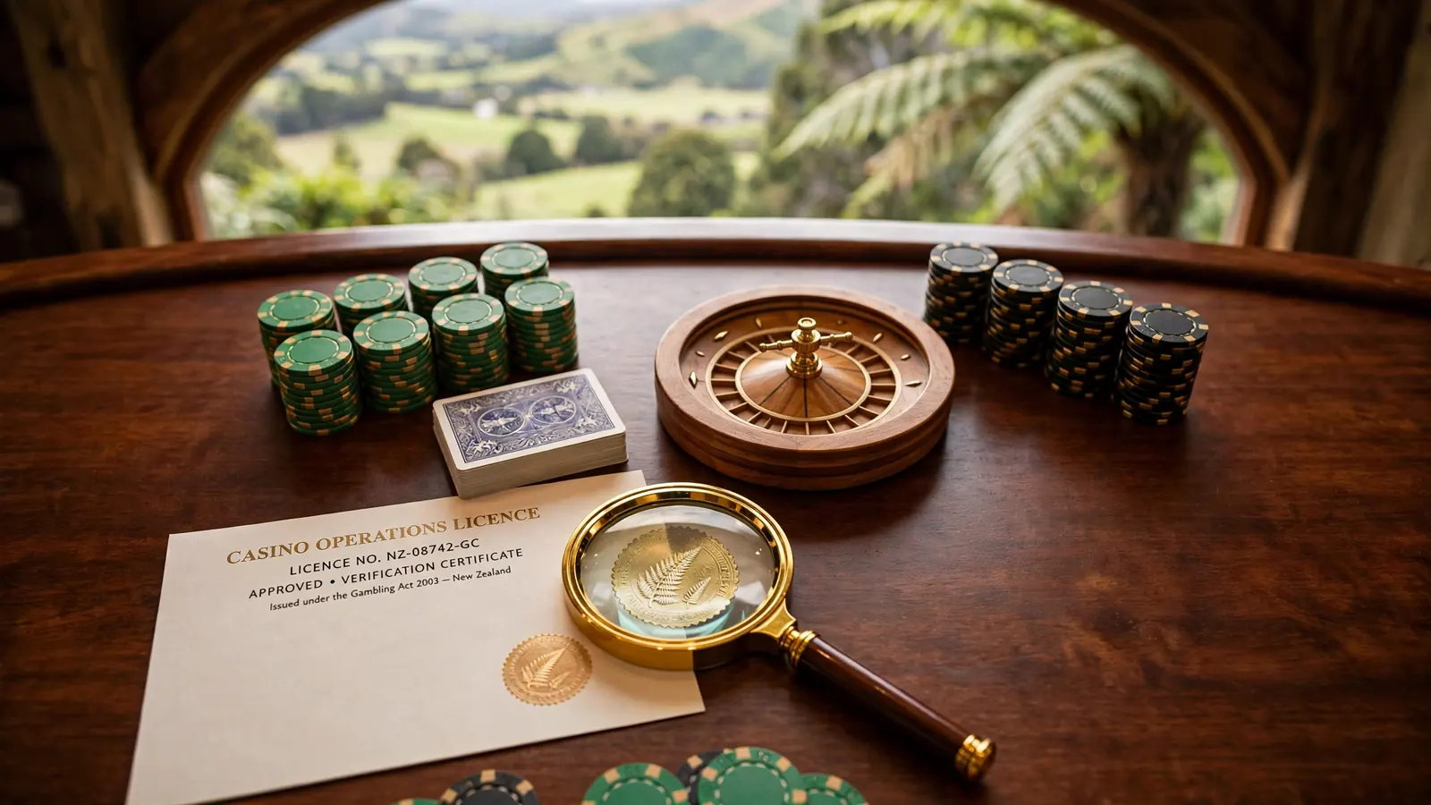 Casino table with chips, cards, roulette, and magnifying glass on a document, New Zealand landscape in background