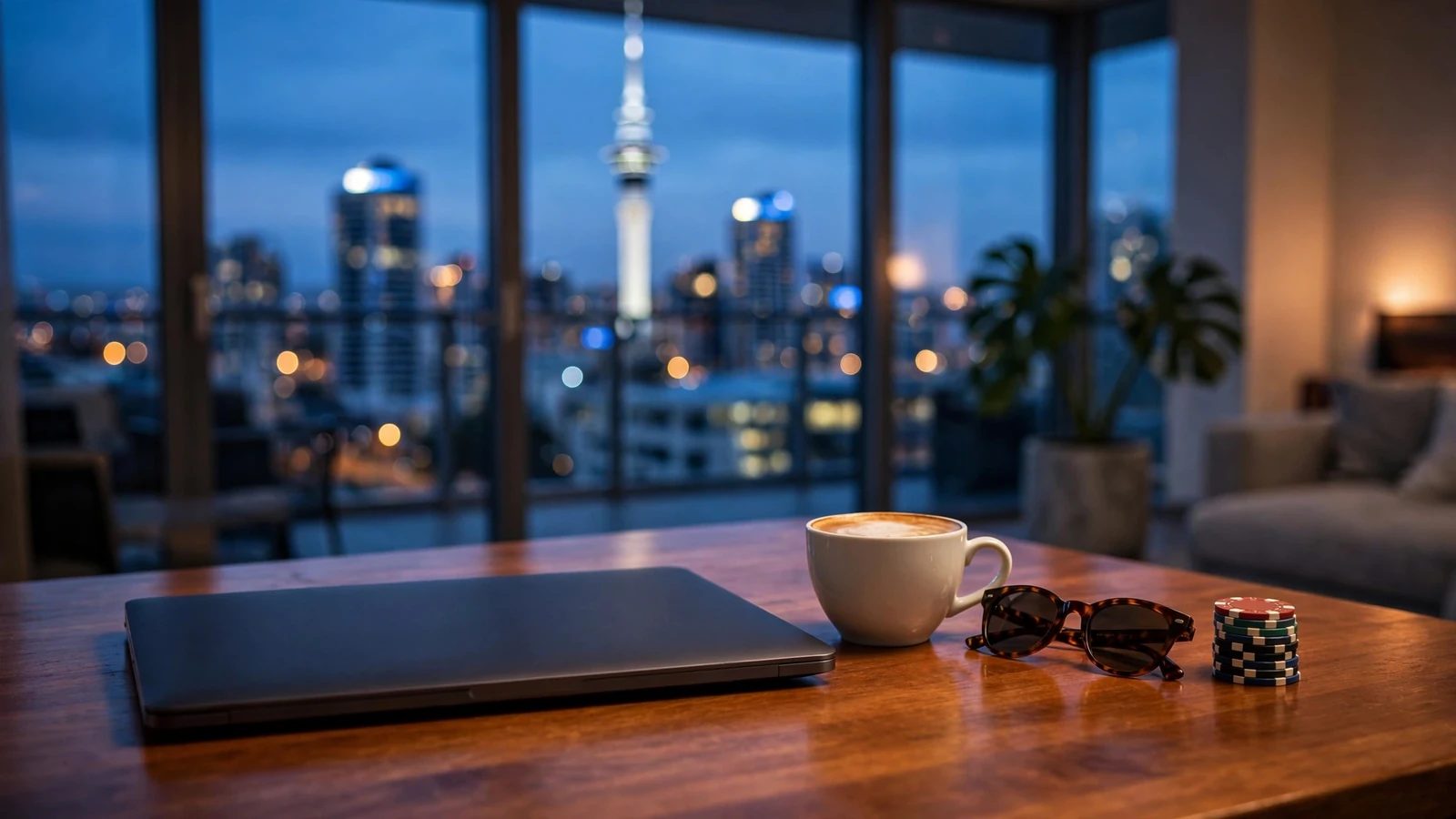 Laptop on a table in an Auckland apartment with casino chips and city skyline view