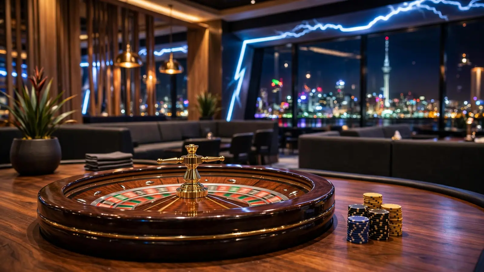 Roulette wheel spinning in a New Zealand casino with Auckland skyline at night