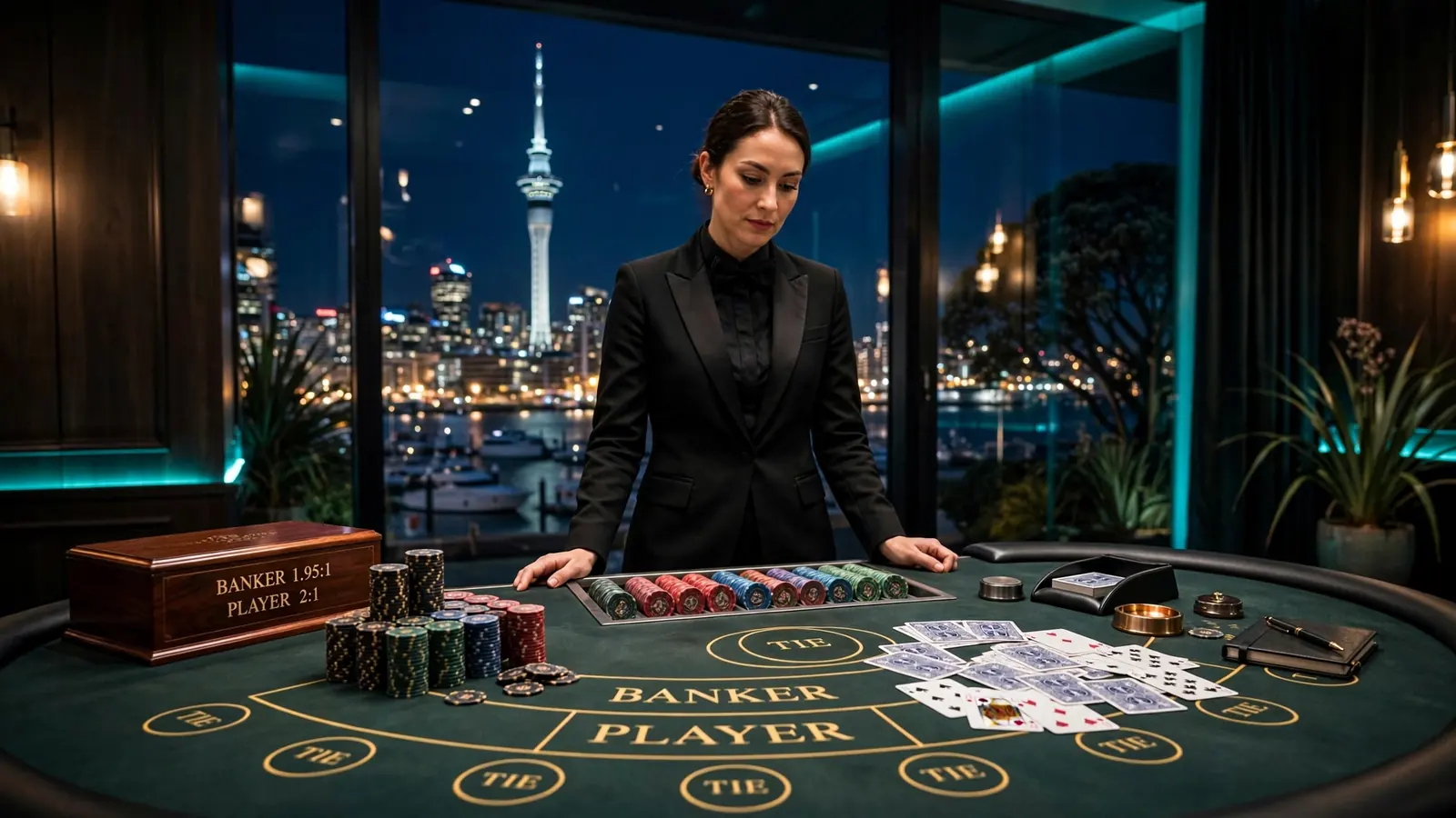 Live baccarat table with dealer and Auckland skyline view