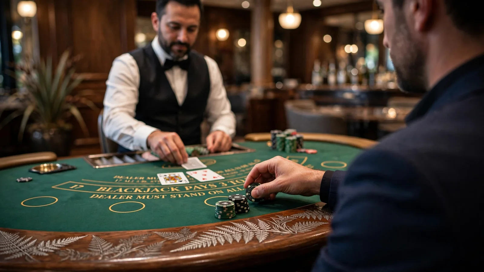 Live blackjack table at a New Zealand casino with a dealer and chips