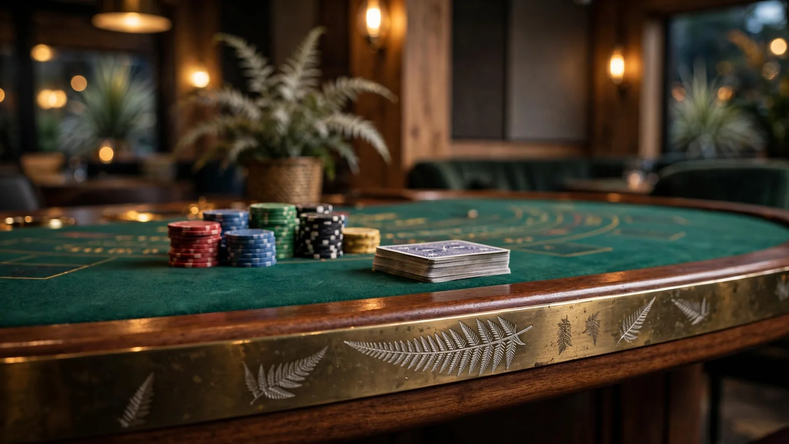 Casino blackjack table with chips and a deck, subtle New Zealand fern motif