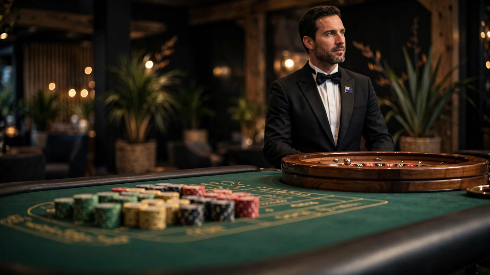 Live dealer at a roulette table in an elegant casino studio, New Zealand context.