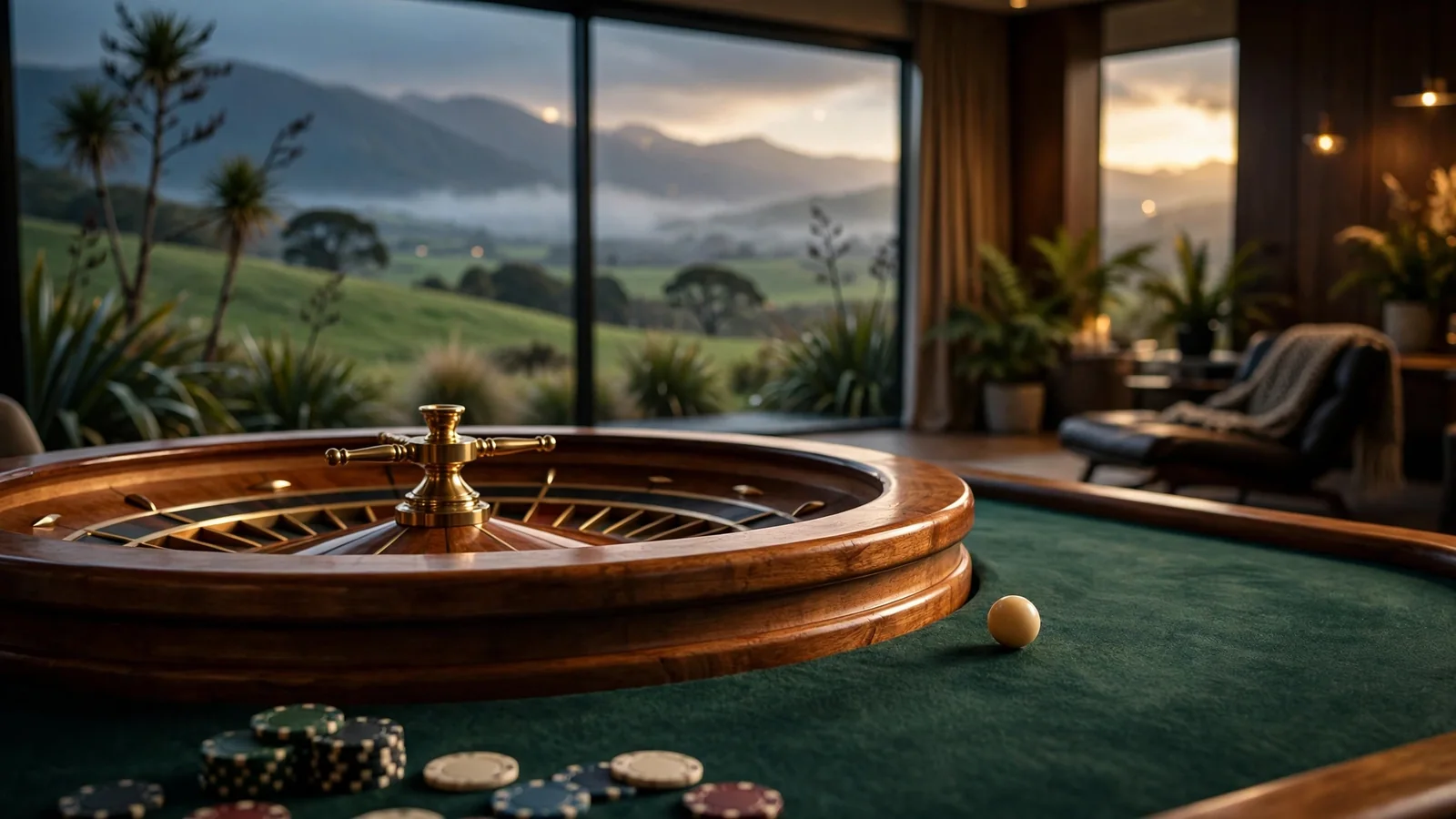 Live roulette wheel with New Zealand landscape visible through studio window