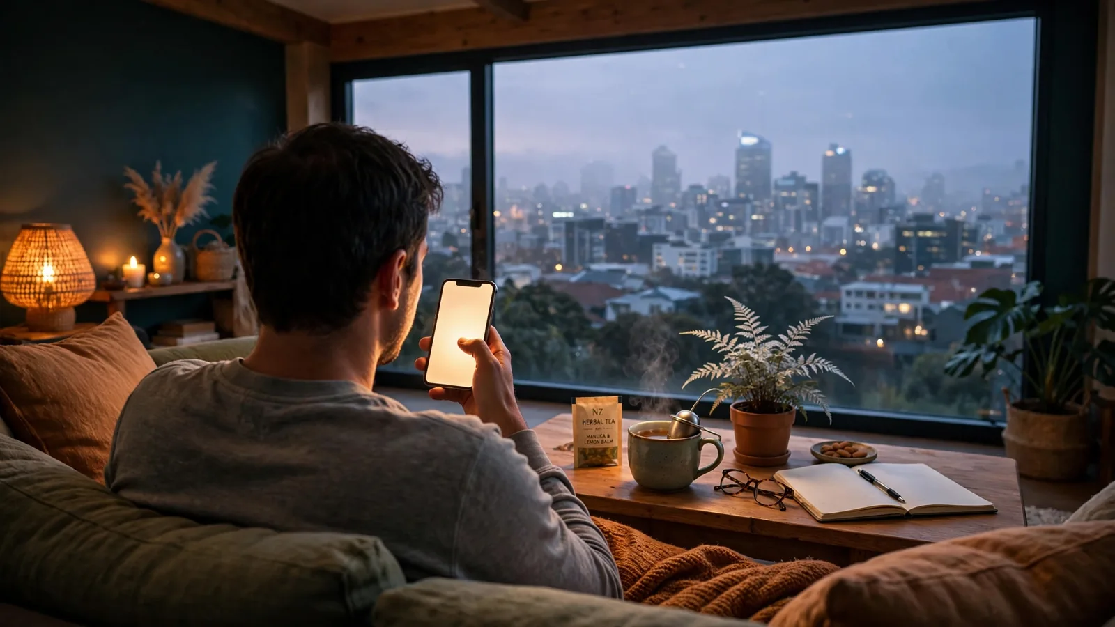 Person relaxing on sofa with smartphone in a cozy New Zealand apartment at twilight