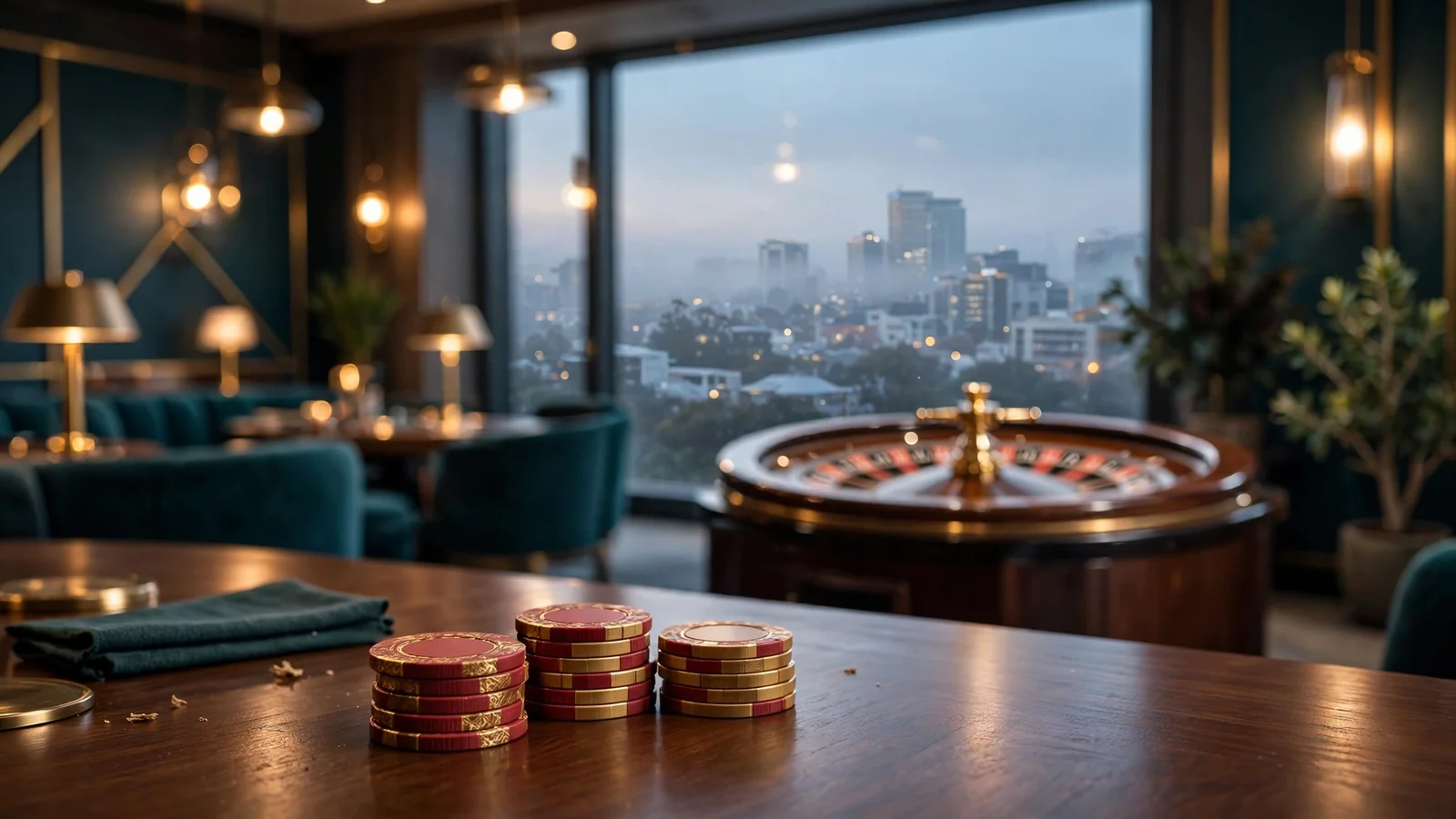 Modern New Zealand casino lounge with chips and roulette wheel at dusk