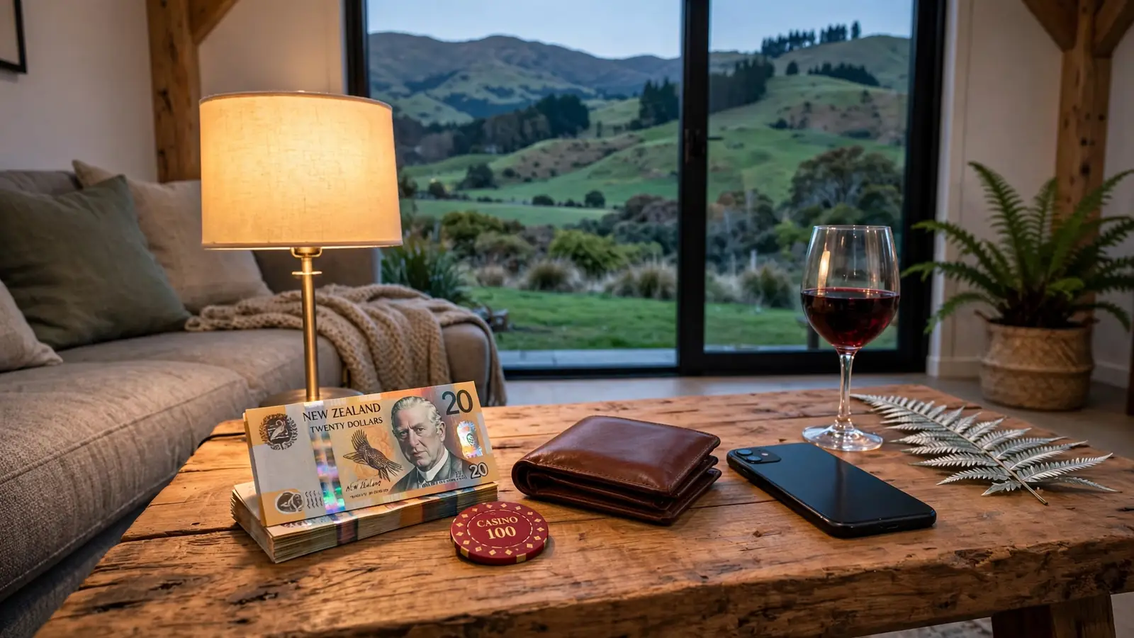 Small NZ dollar banknotes and a casino chip on a table in a New Zealand home