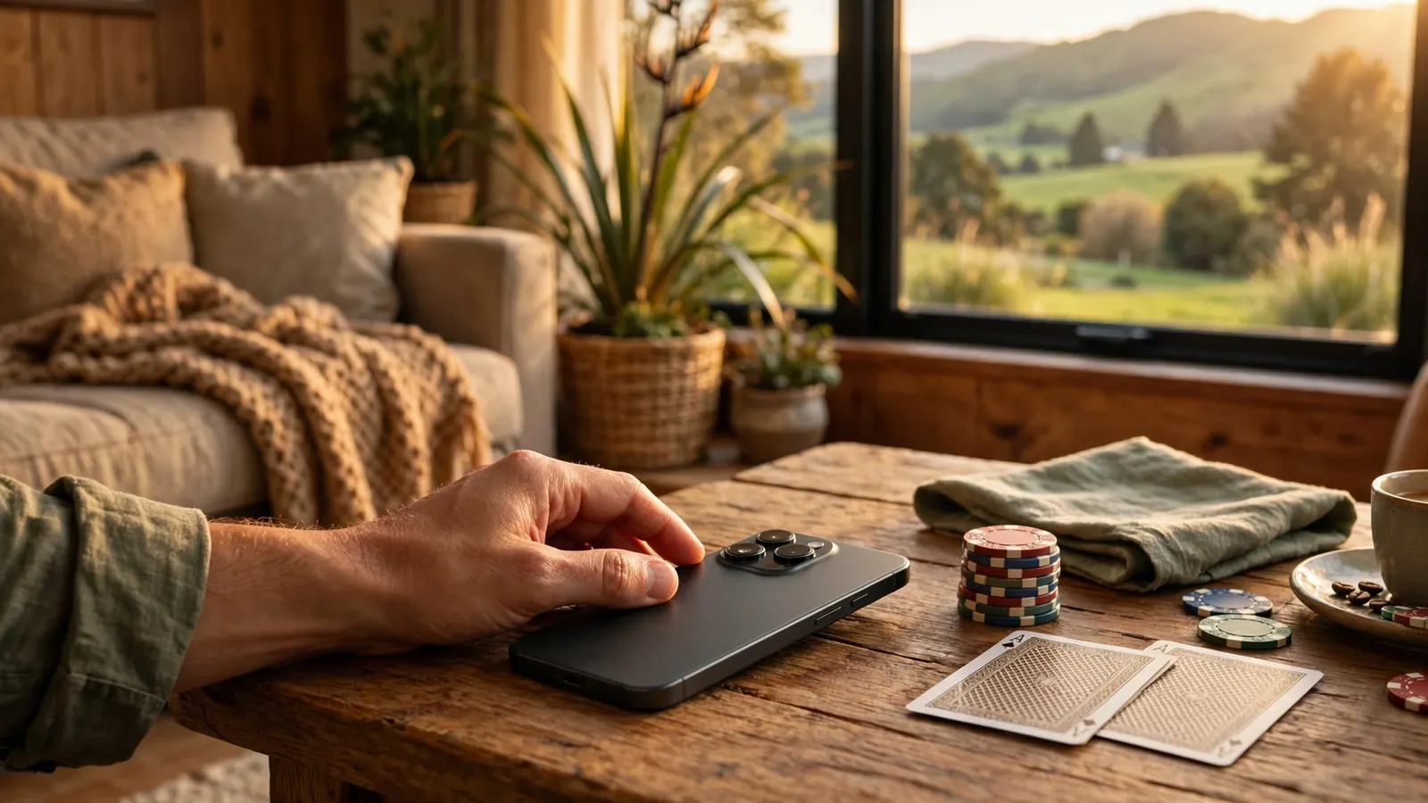 Hand holding a smartphone next to blackjack chips in a New Zealand home