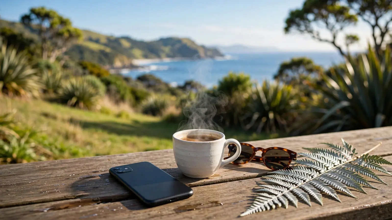 Smartphone on a table with coffee and sunglasses near a New Zealand coastline.