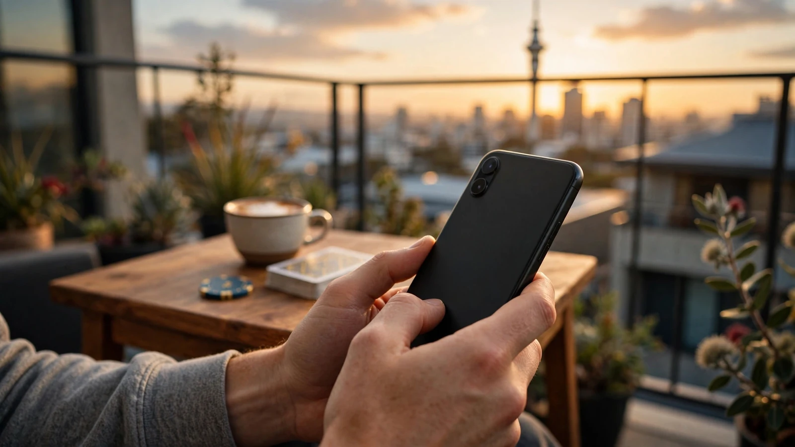 Hands holding a smartphone on an Auckland balcony at sunset with a coffee cup and casino chips nearby