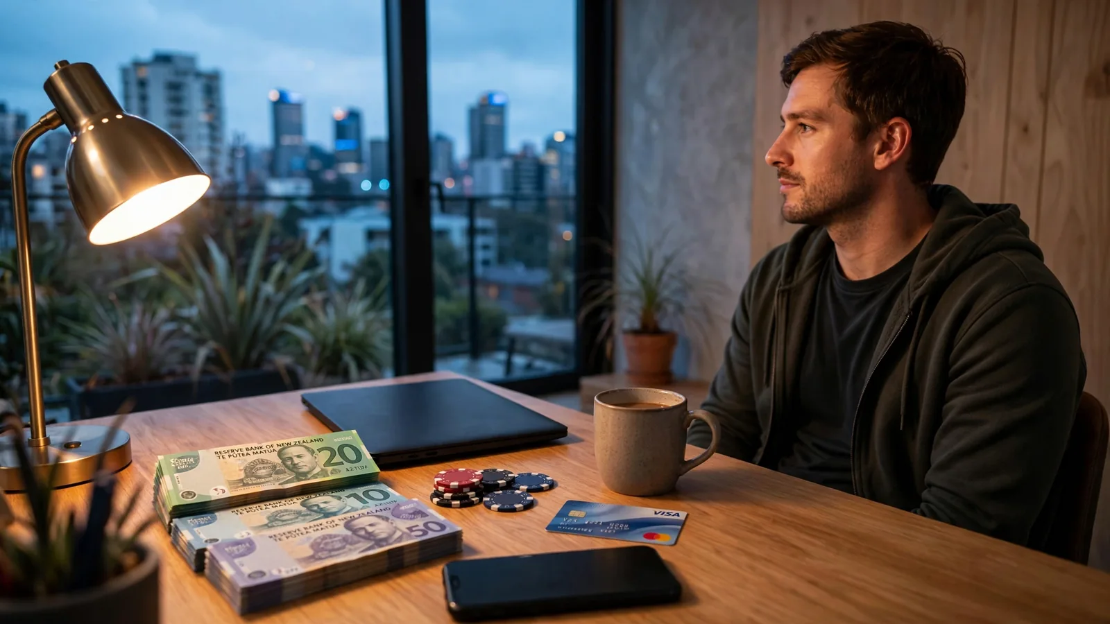 New Zealand player at desk with laptop, phone, NZD banknotes and payment card