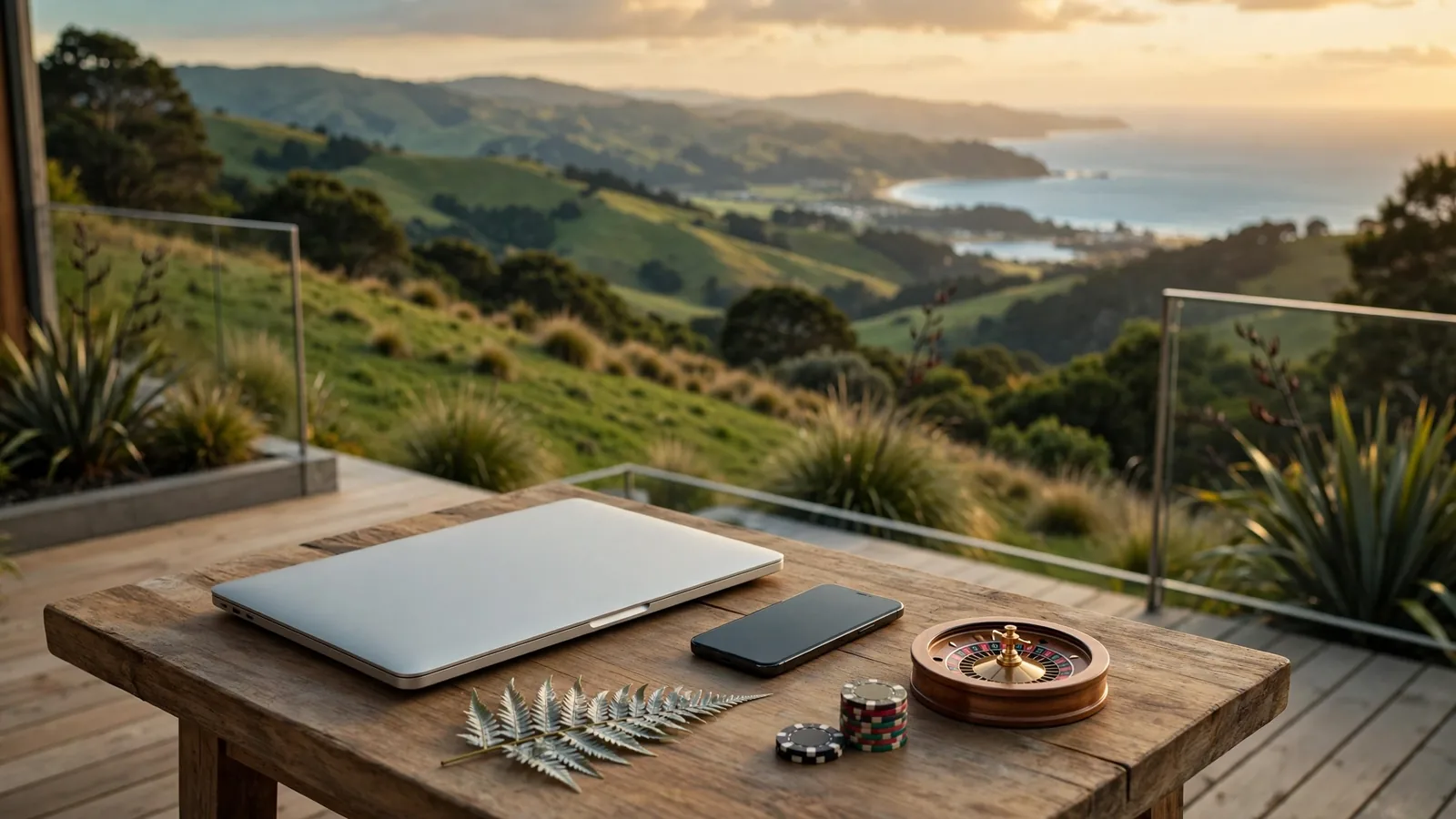 Laptop and phone on a New Zealand terrace with casino chips and a silver fern at golden hour