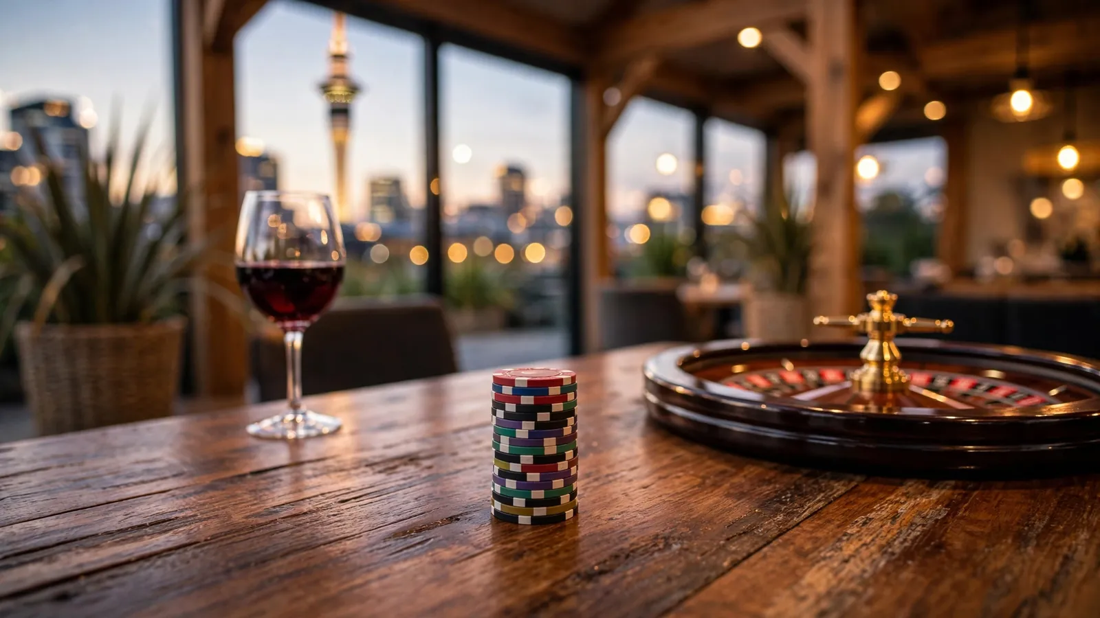 Casino chips and roulette wheel on a wooden table in a New Zealand bar setting at dusk