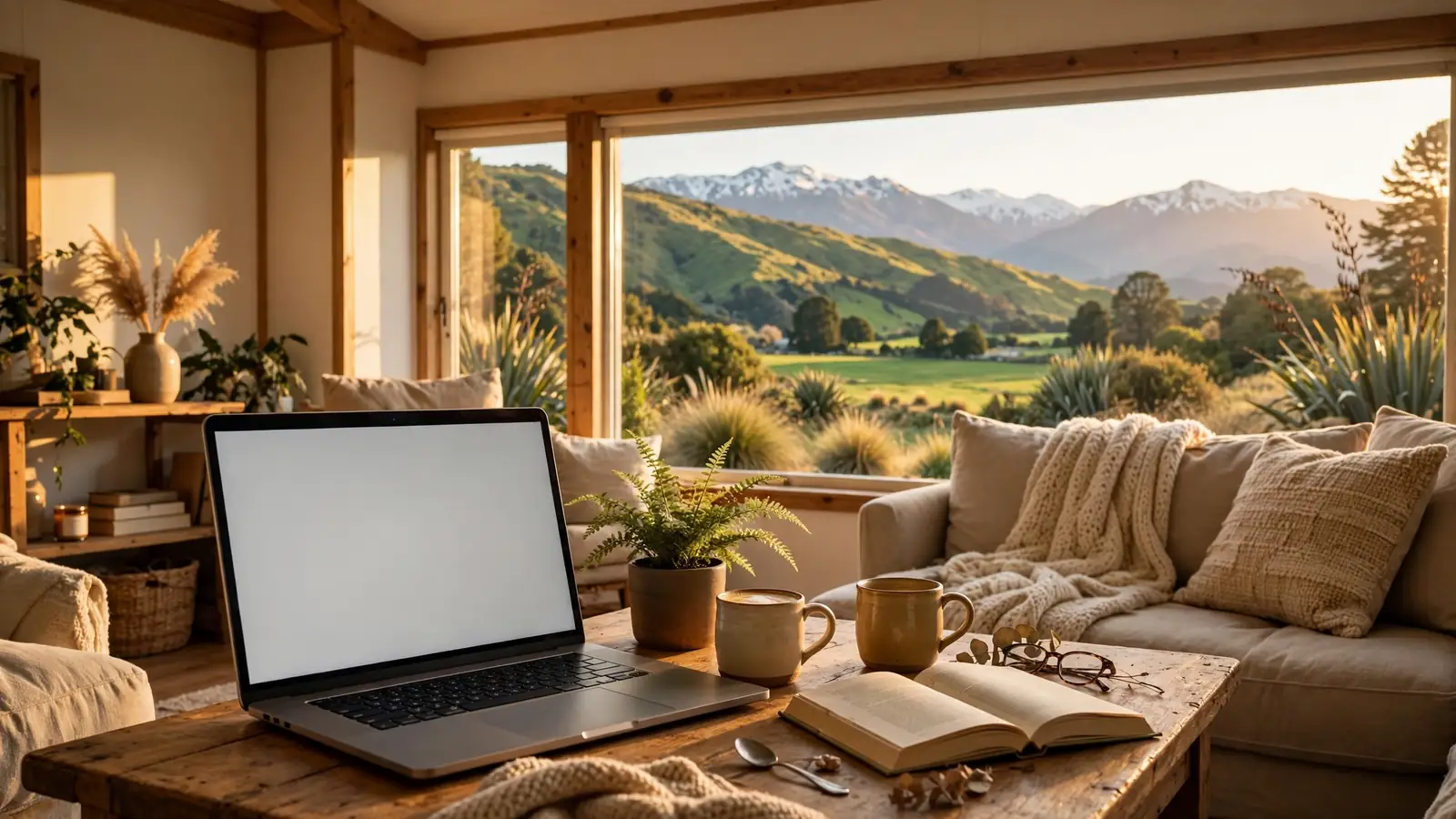 Cozy New Zealand living room with laptop and mountain view at golden hour