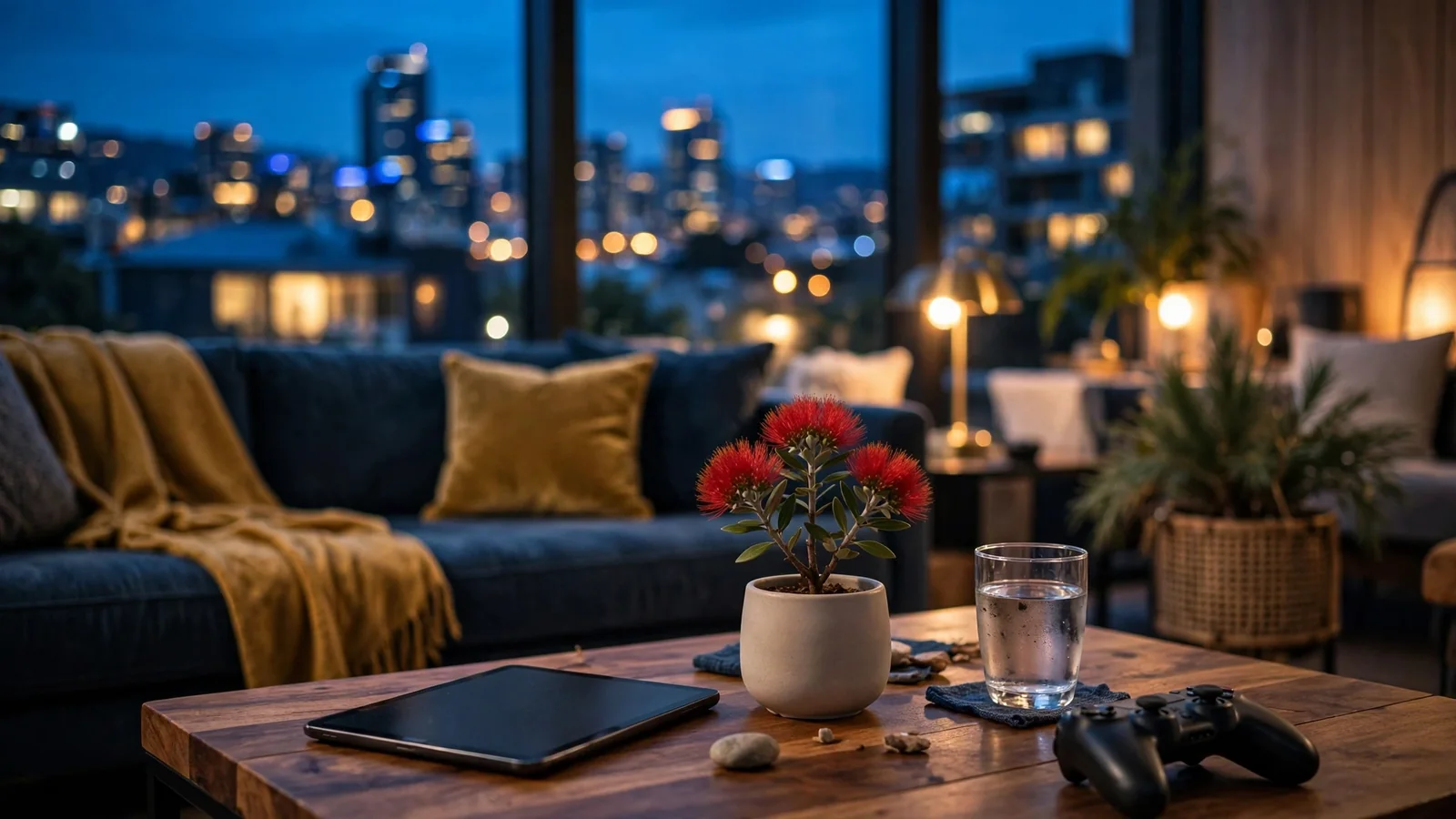 Tablet face-down on table in modern New Zealand lounge with skyline view
