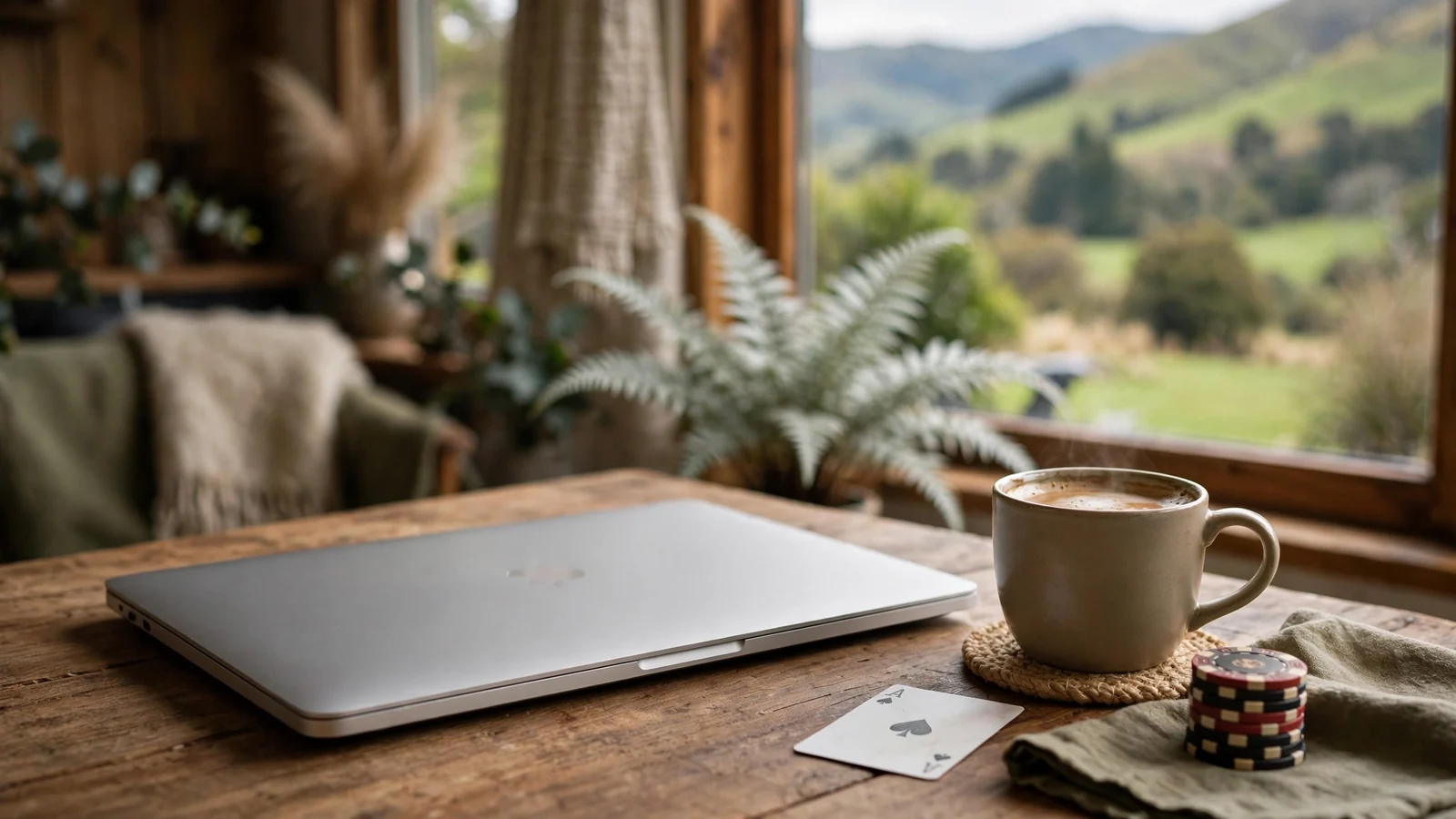 Laptop on a table with New Zealand hills outside the window, casino chips nearby