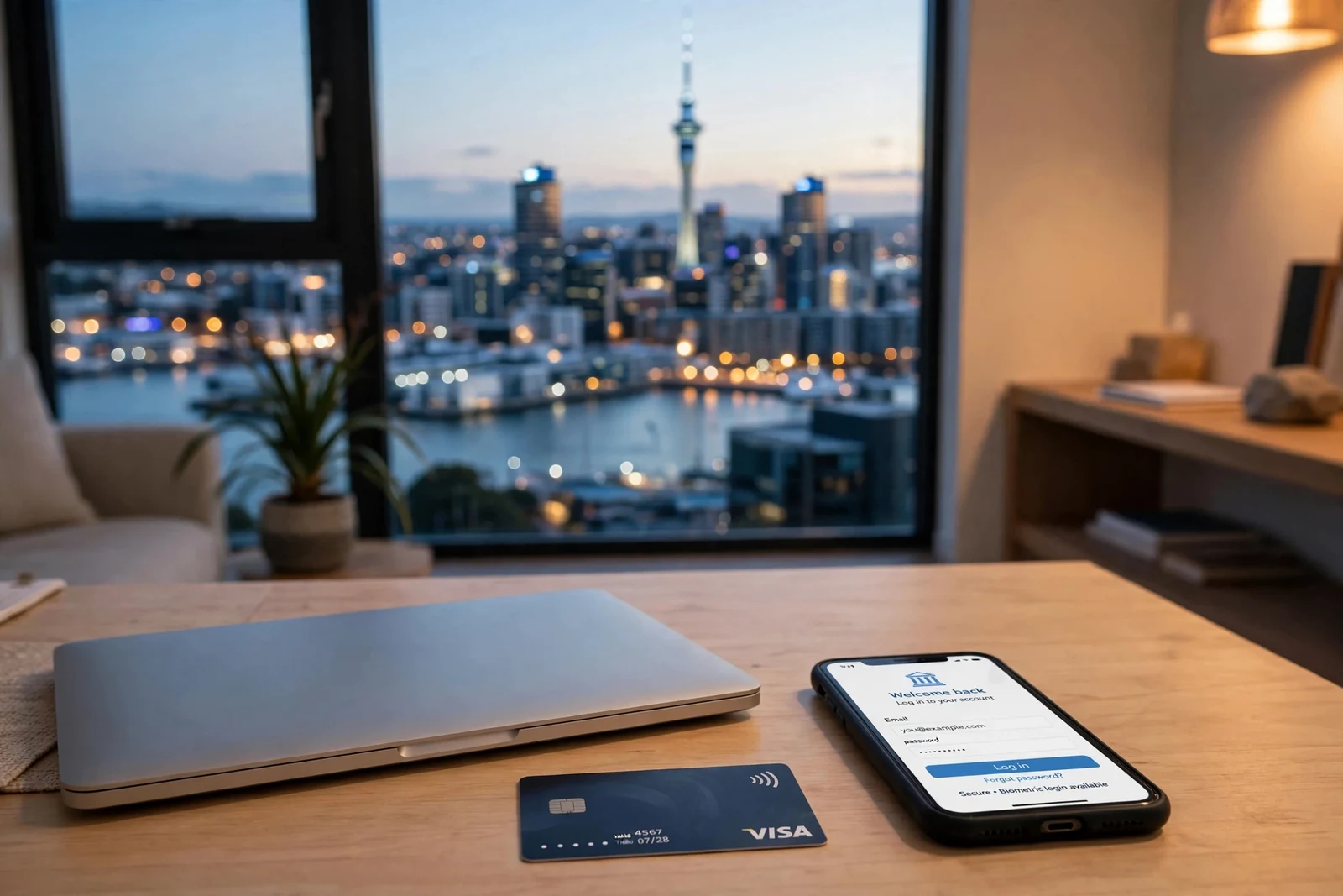 New Zealand home desk scene with laptop, card and phone suggesting easy online access