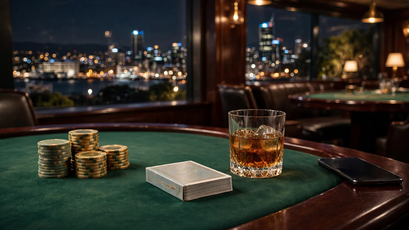 Baccarat table with chips, cards, and a face-down smartphone in a New Zealand casino