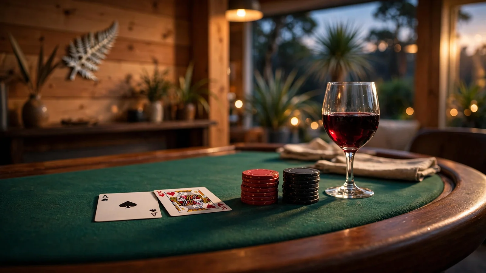 Blackjack table with chips and cards in a warm New Zealand setting