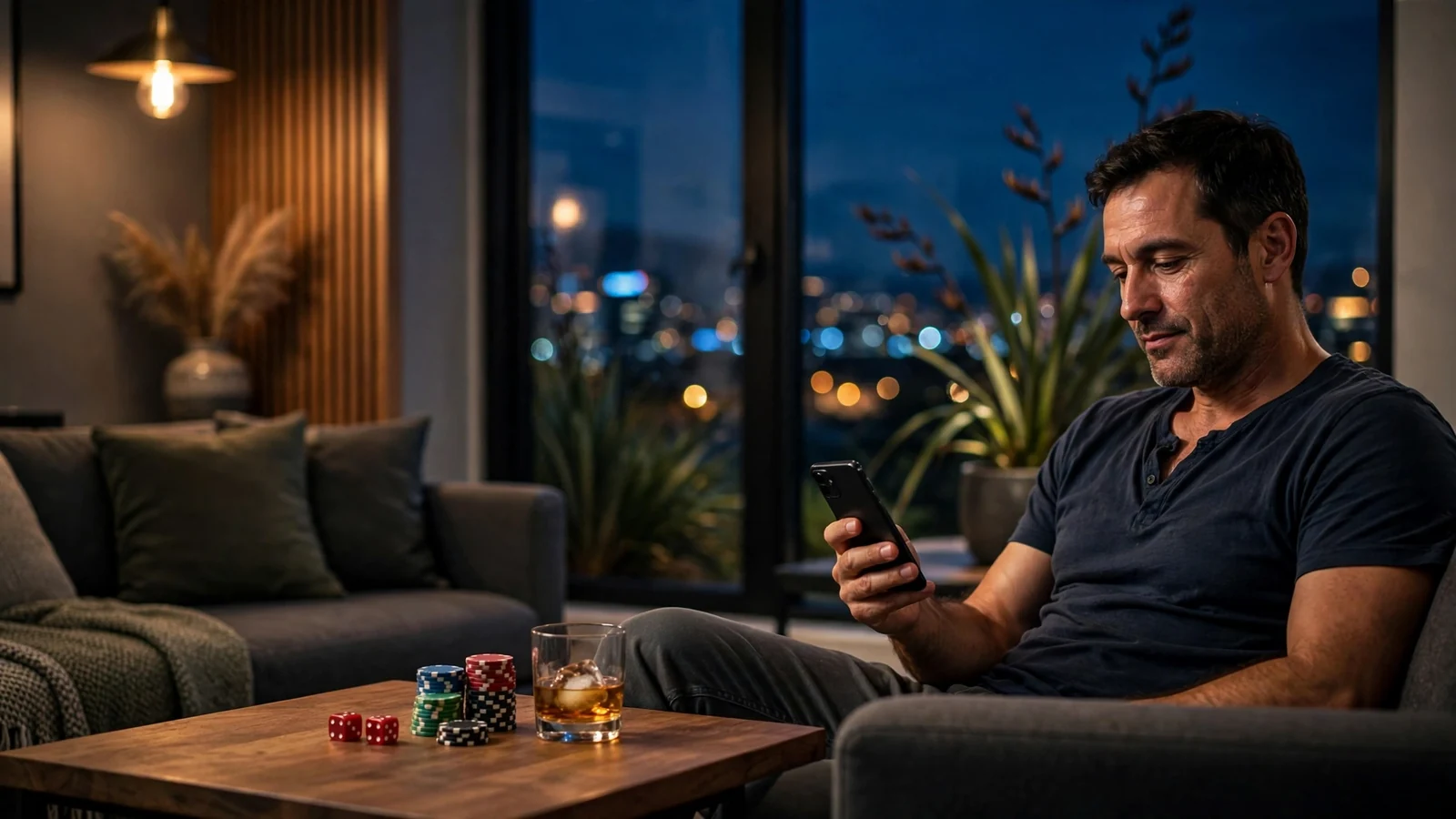 Man in Auckland apartment playing online craps on smartphone with dice and chips