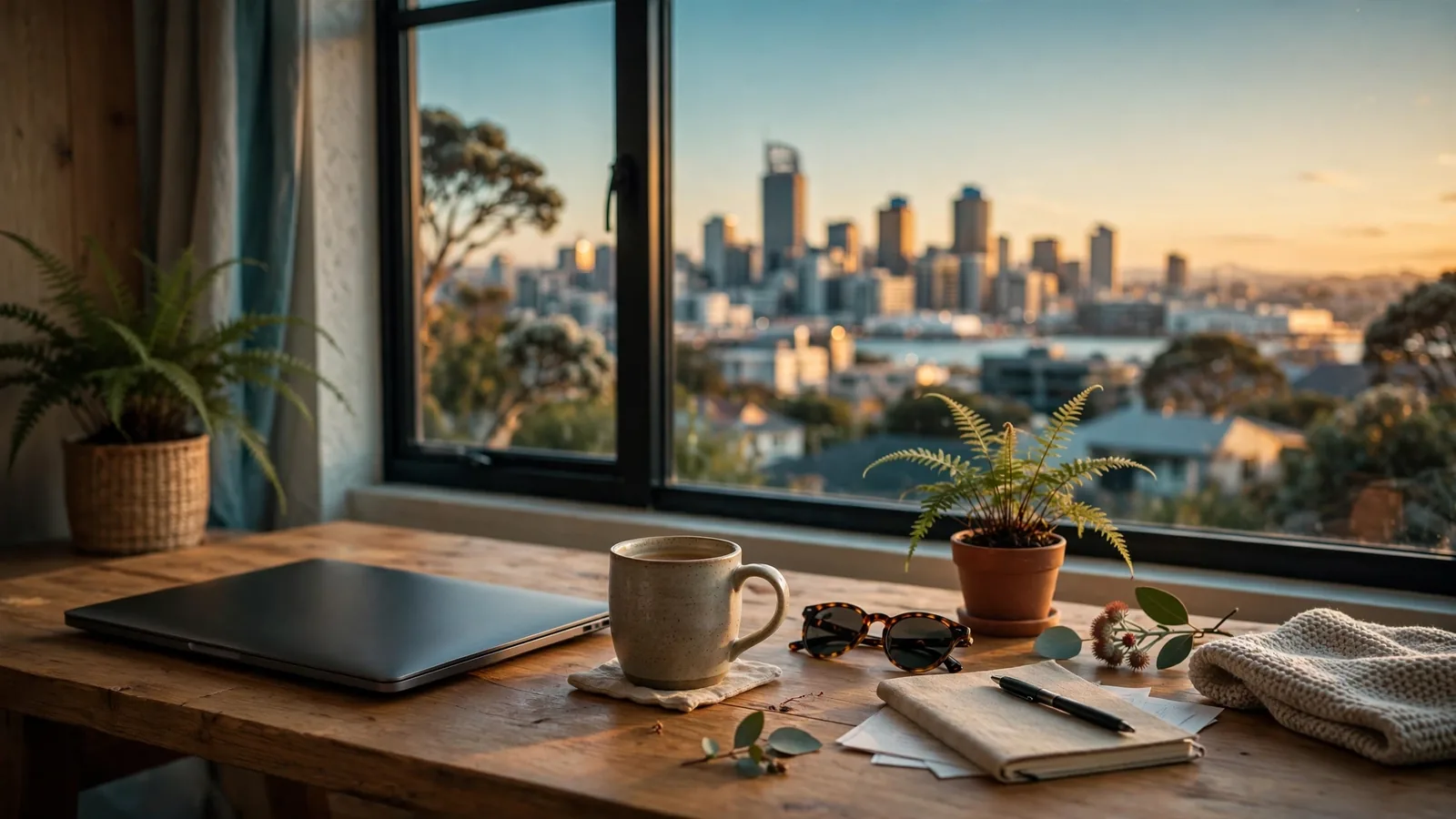 New Zealand home office with closed laptop at golden hour
