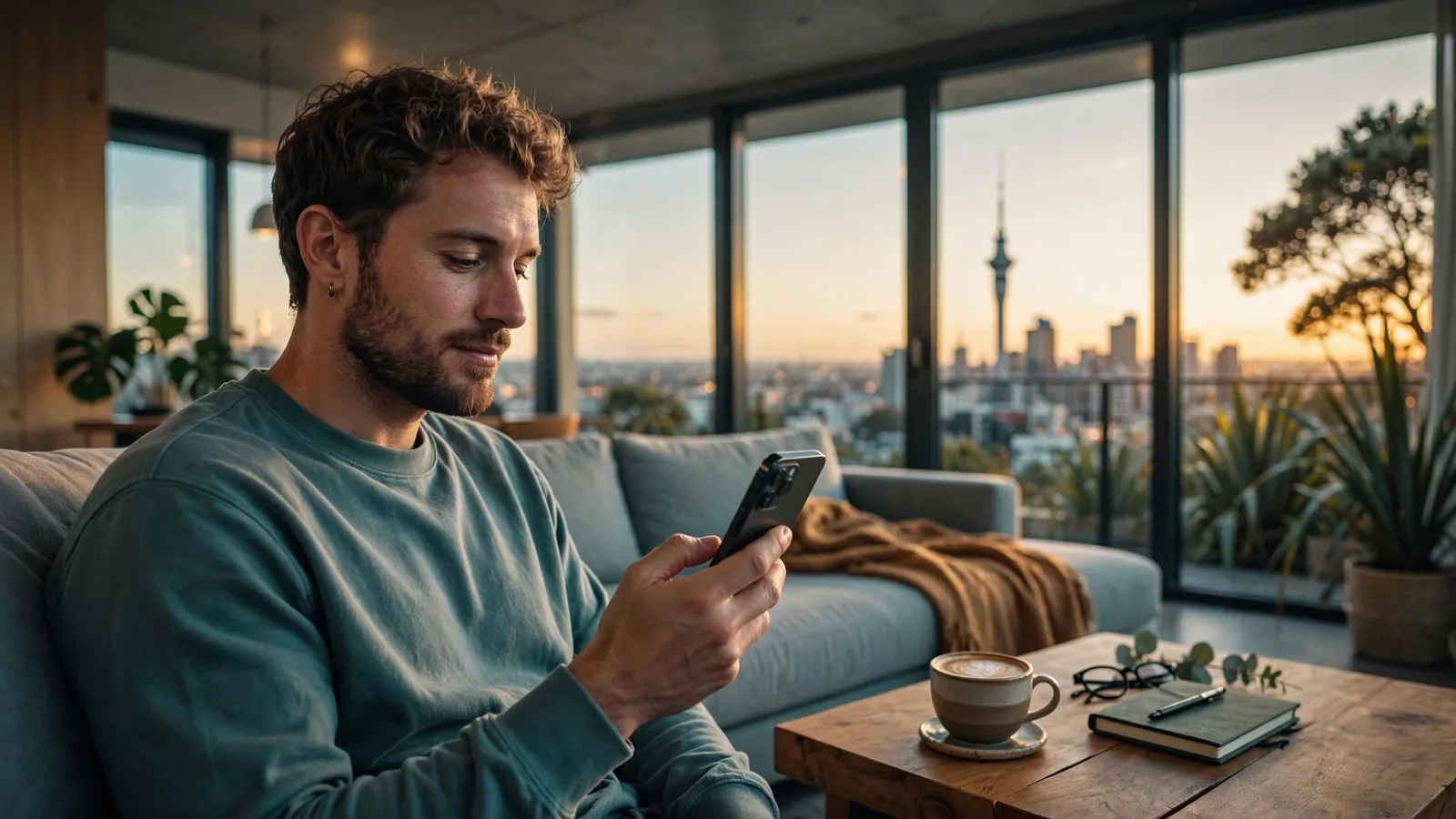 Person with smartphone in Auckland apartment overlooking Sky Tower at sunset