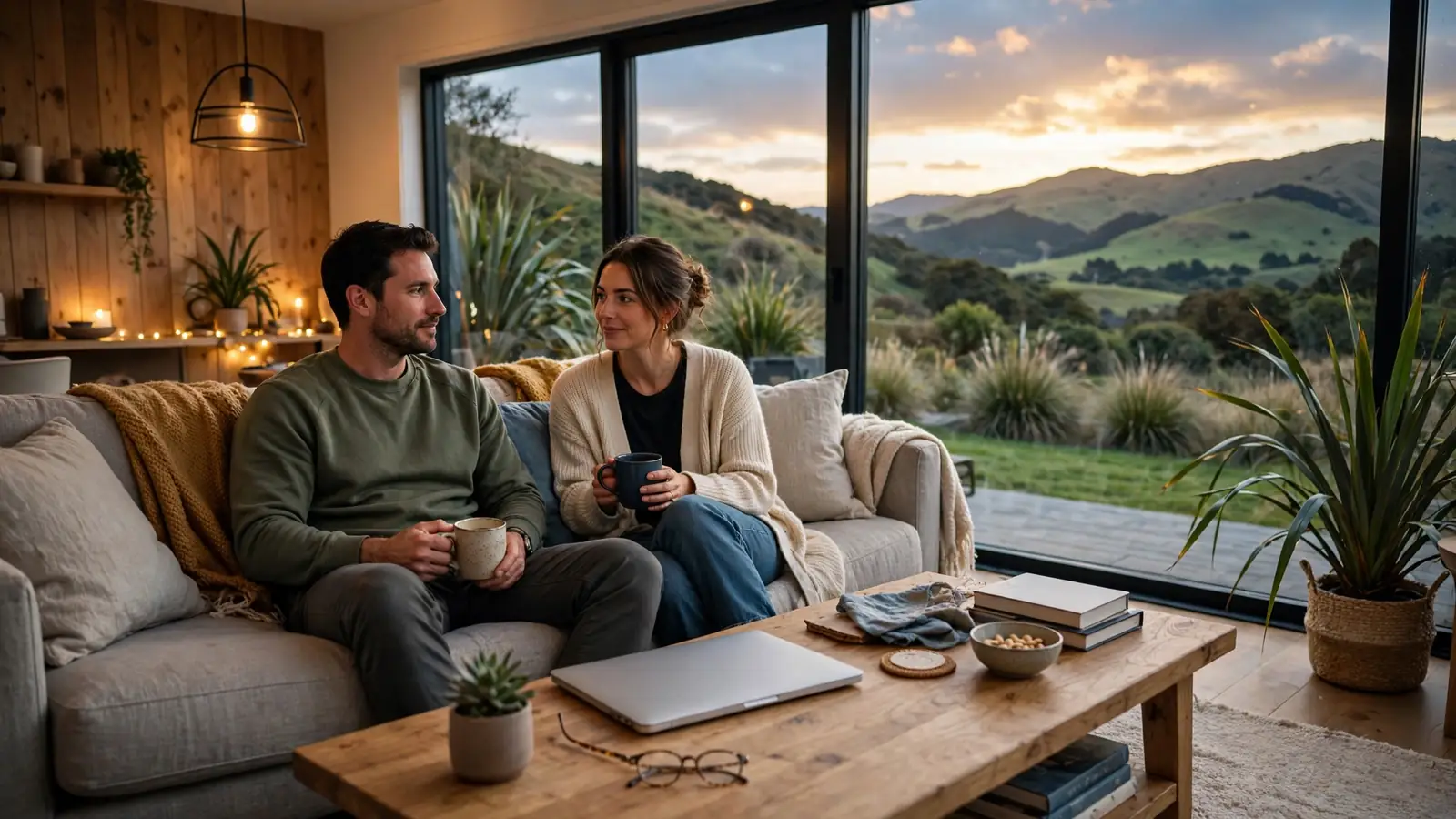 Couple relaxing in a modern New Zealand home at dusk with a closed laptop on the table.