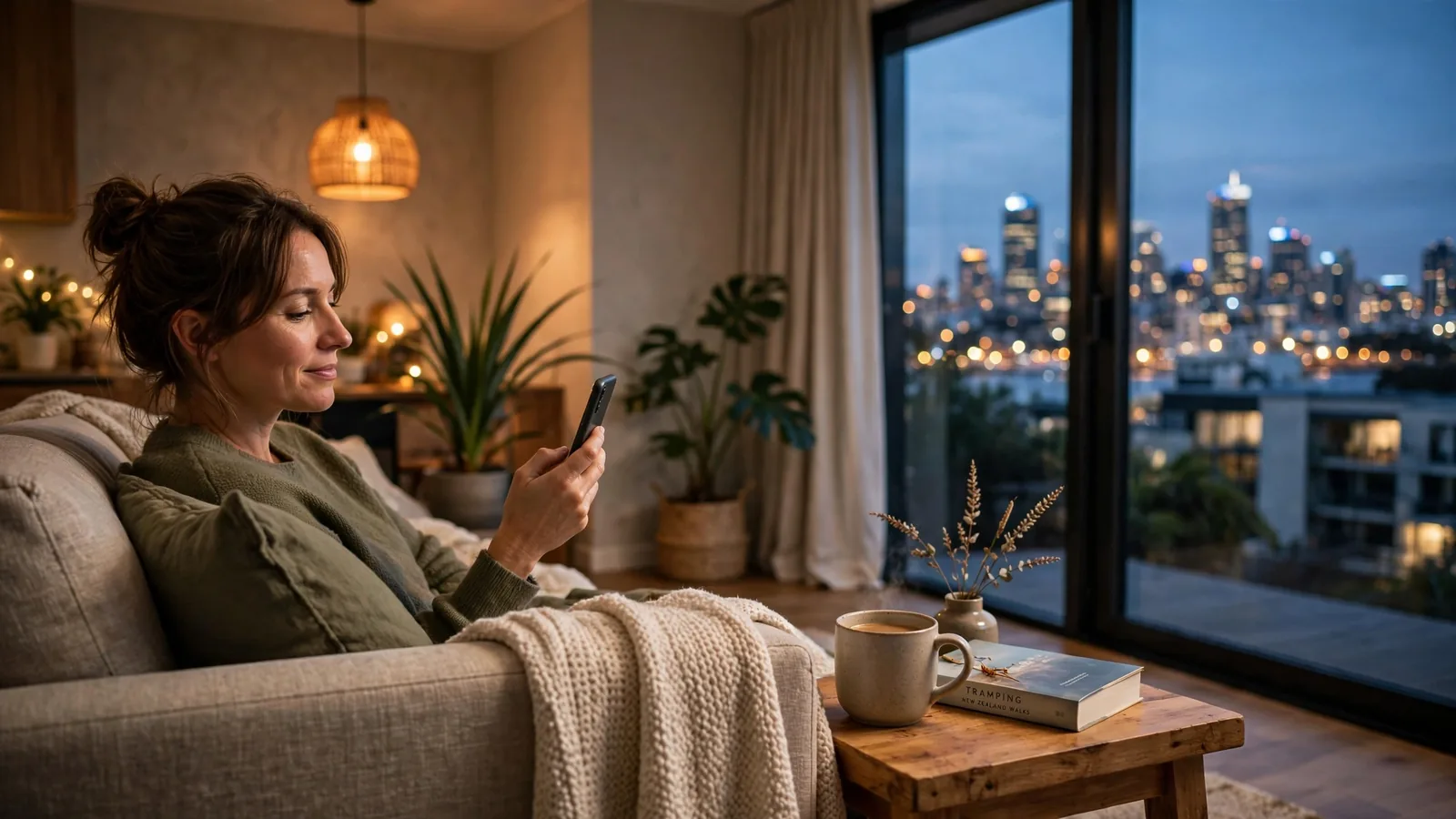 Person relaxing on a sofa in a modern New Zealand home holding a smartphone at dusk