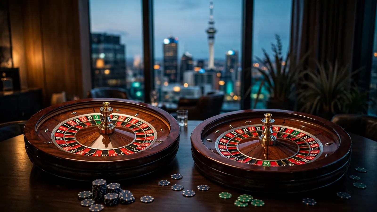 European and American roulette wheels compared with New Zealand cityscape in background