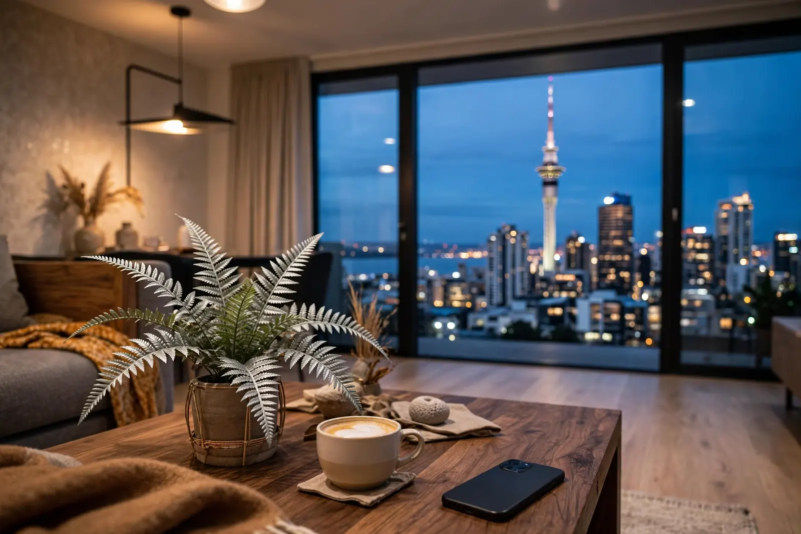 Modern Auckland apartment interior at dusk with smartphone on coffee table