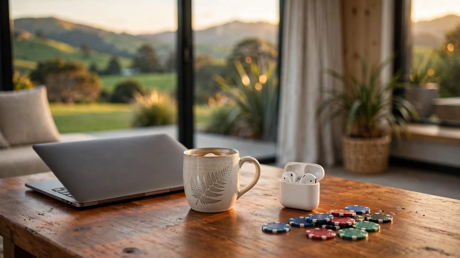 Laptop and poker chips on a table in a New Zealand home with hills view